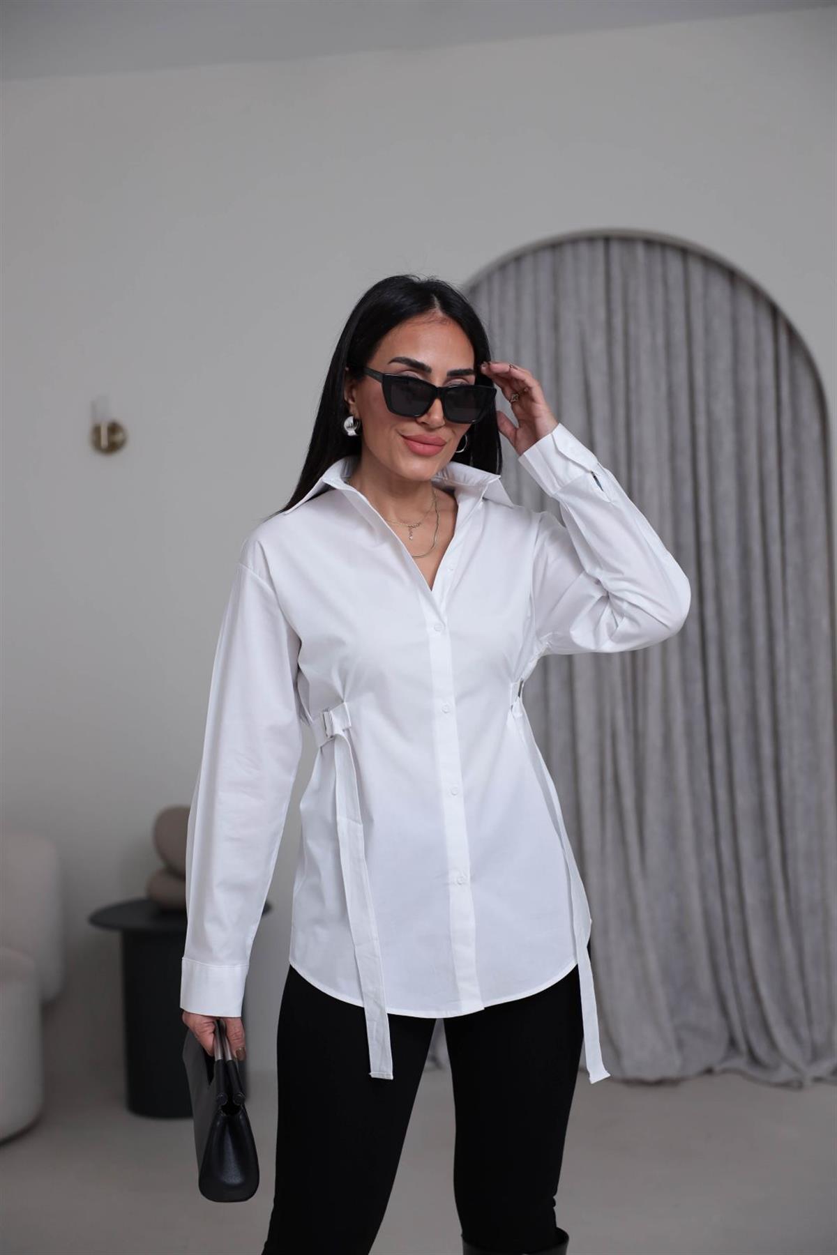 7176 Beli Kemer Detaylı Gömlek BEYAZ