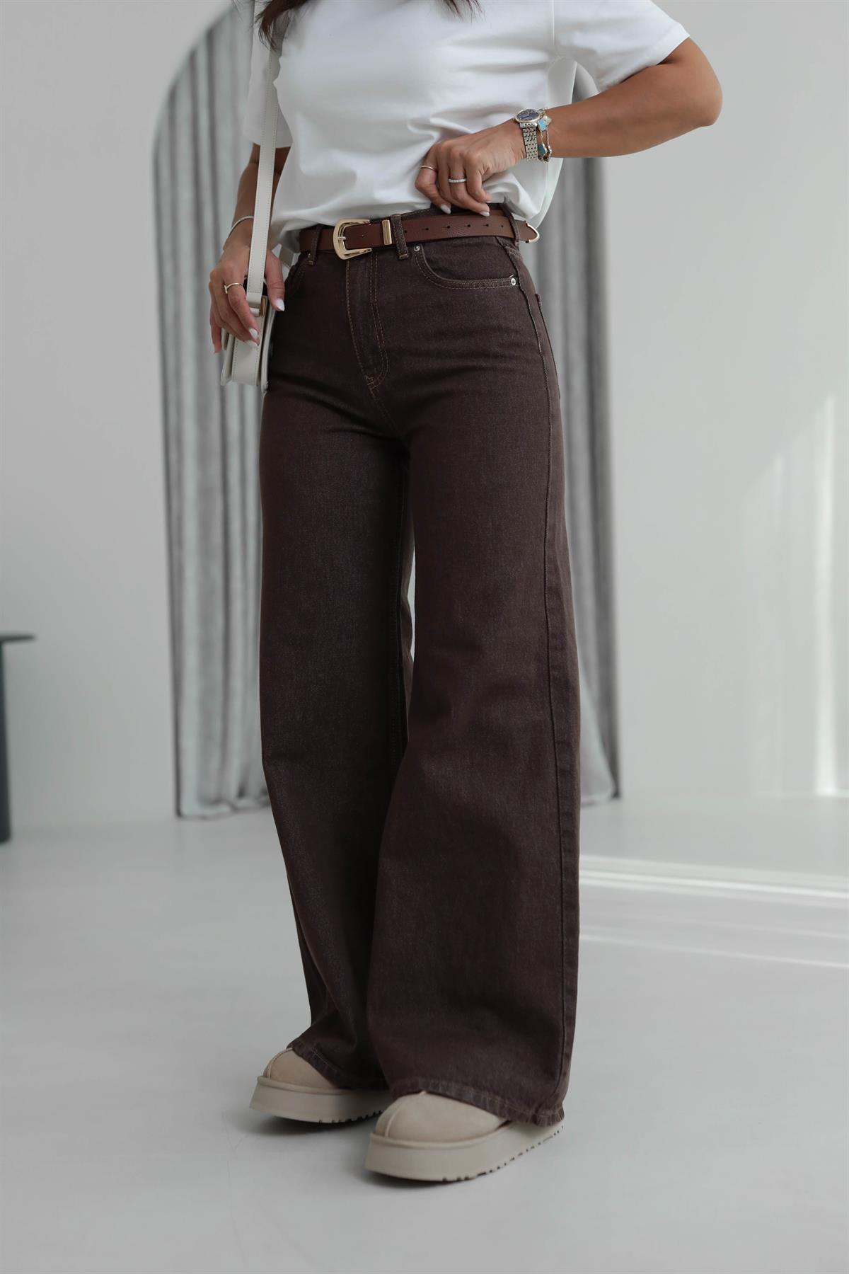 2033 Geniş Kalıp Yüksek Bel Denim Pantolon KAHVE