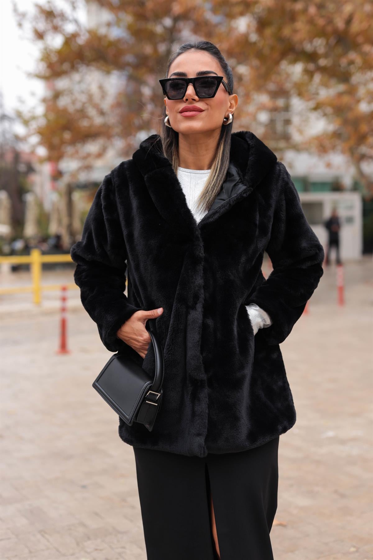 Kapşonlu Uzun Suni Kürk SİYAH