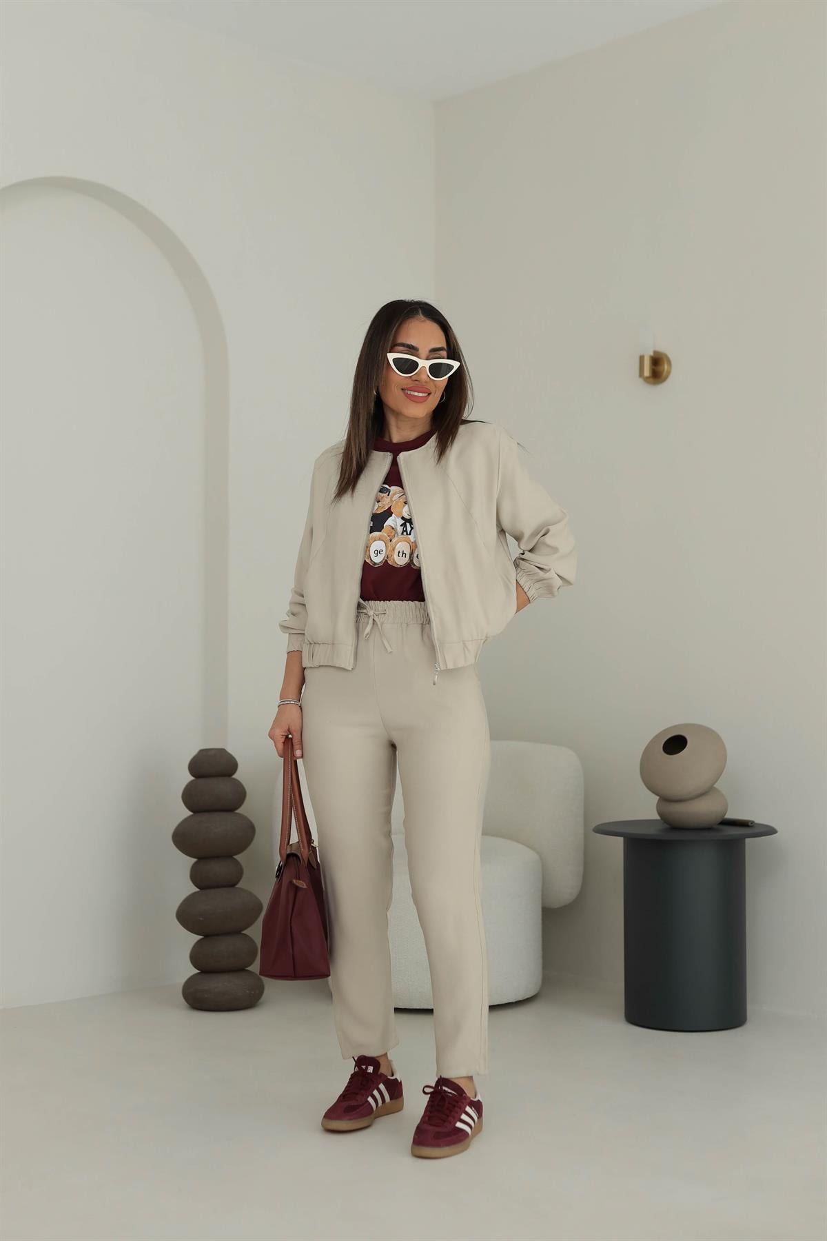 3193 Fermuar Ve Önü Lastik Detaylı Tencel Kumaş Takım TAŞ