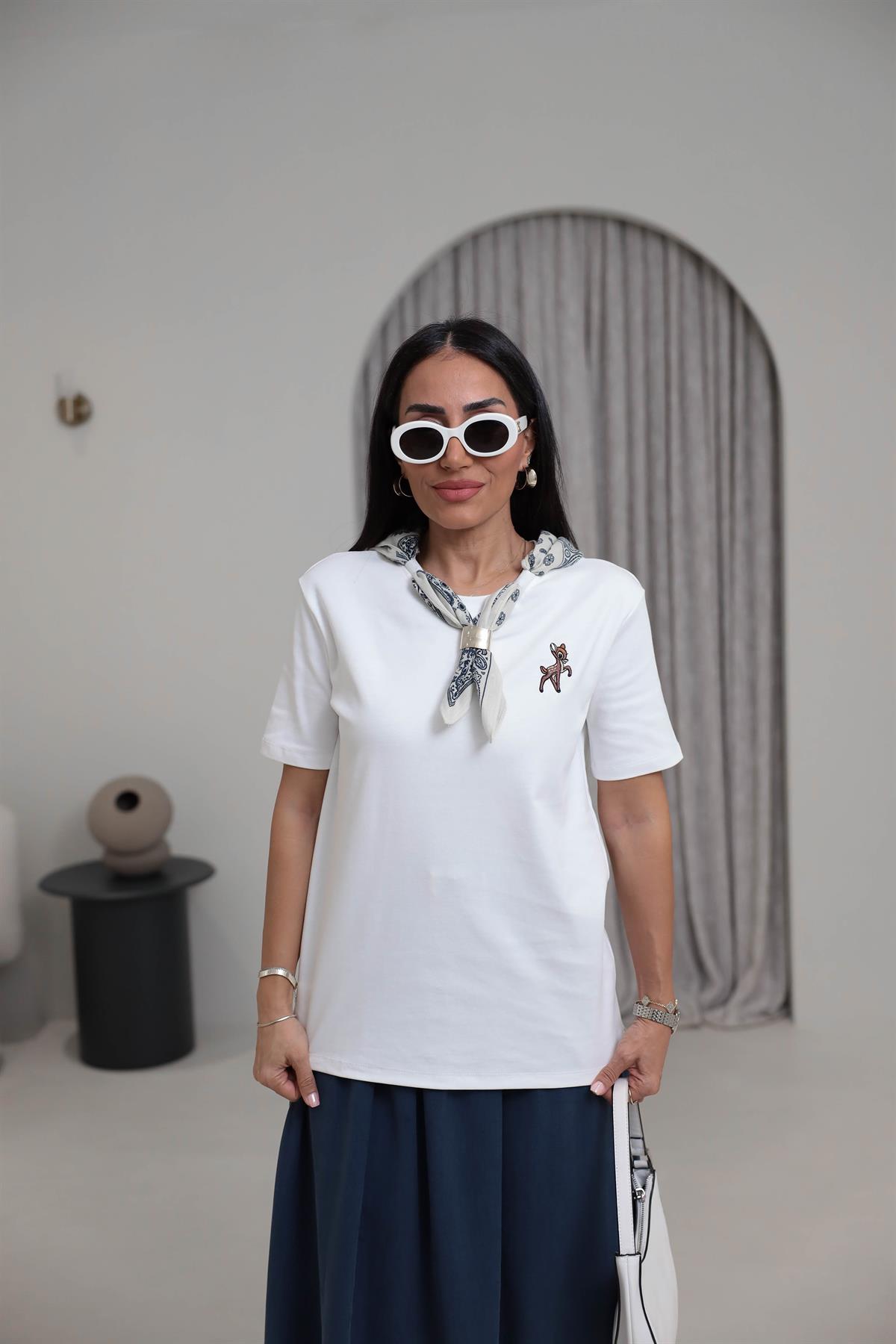 1140 Fular Detaylı Nakışlı Tshirt BEYAZ