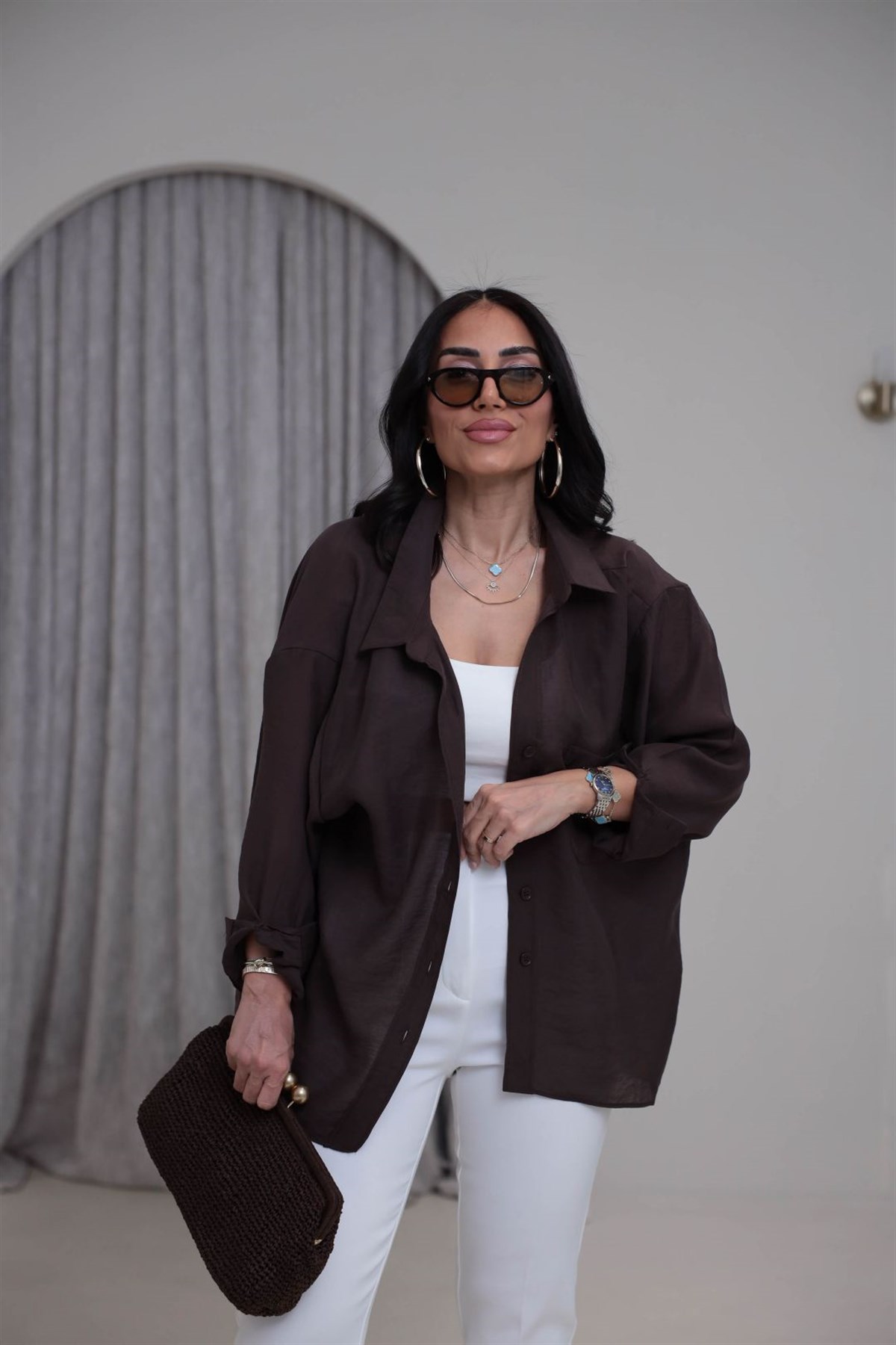 4612Y Tencel Omzu Düşük Oversize Gömlek KAHVE