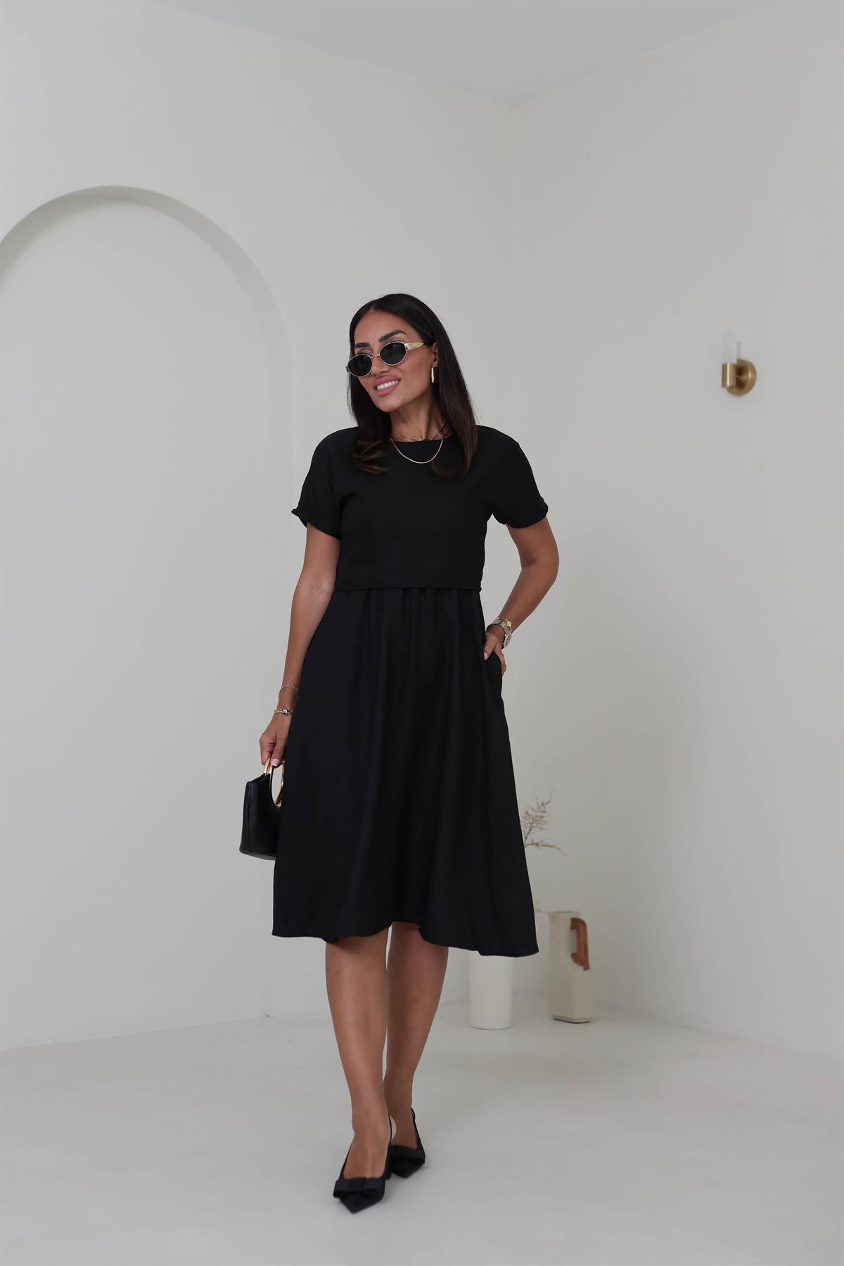 3760 Bluz Detaylı Bel Büzgülü Elbise SİYAH