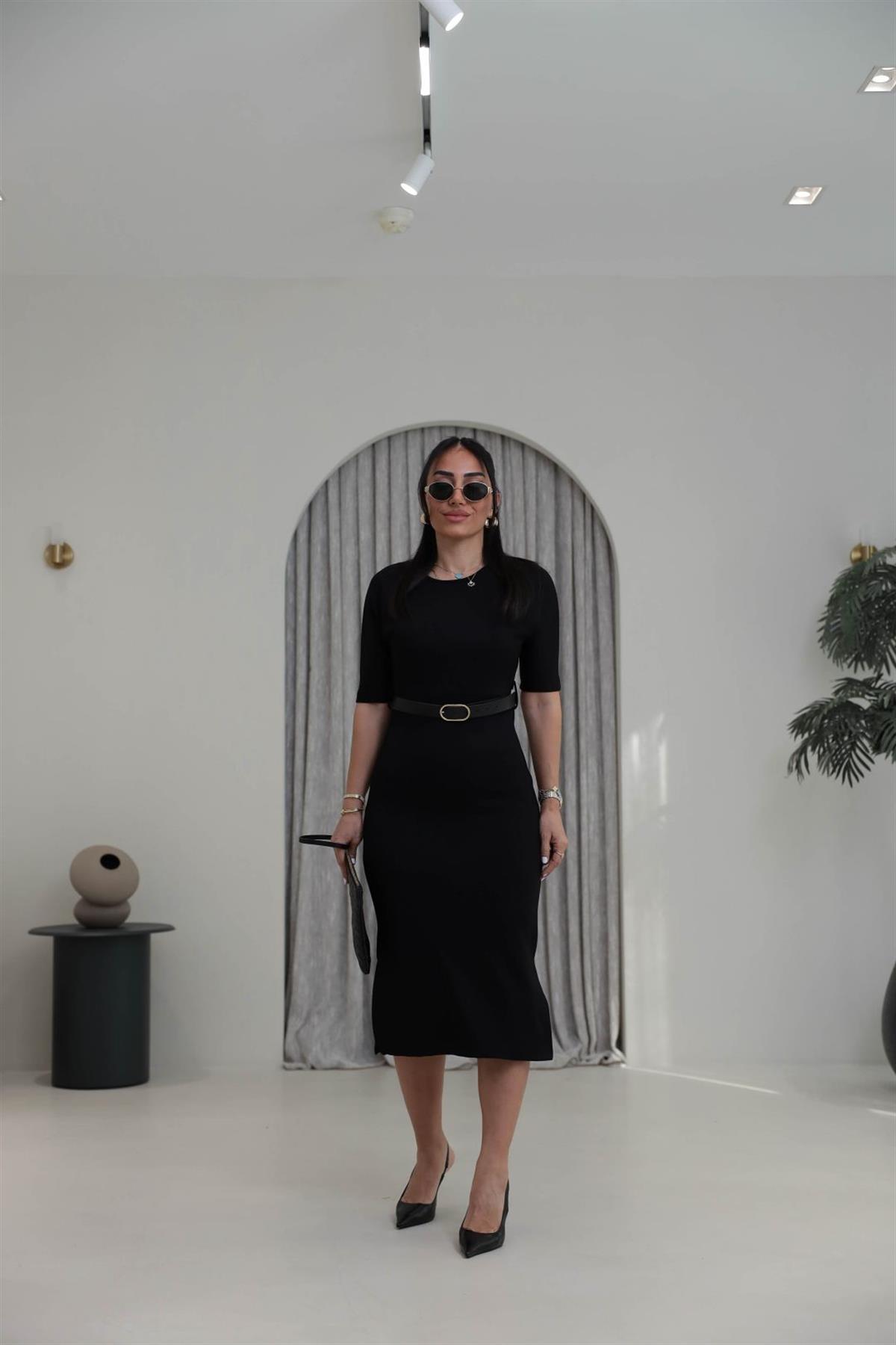 1484 Kemerli Modal Elbise SİYAH