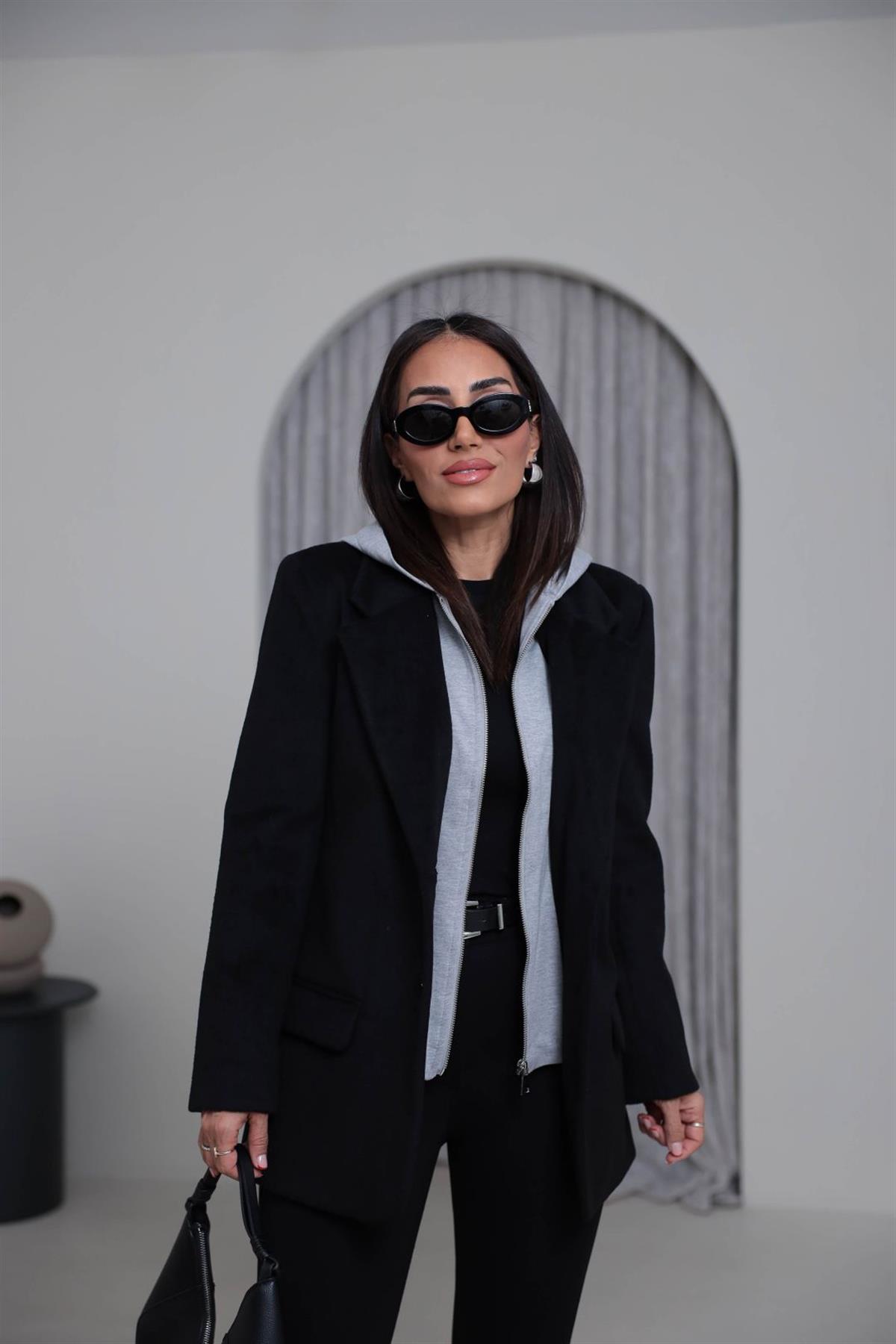 8733K Penye Kapşonlu Kaşe Ceket SİYAH