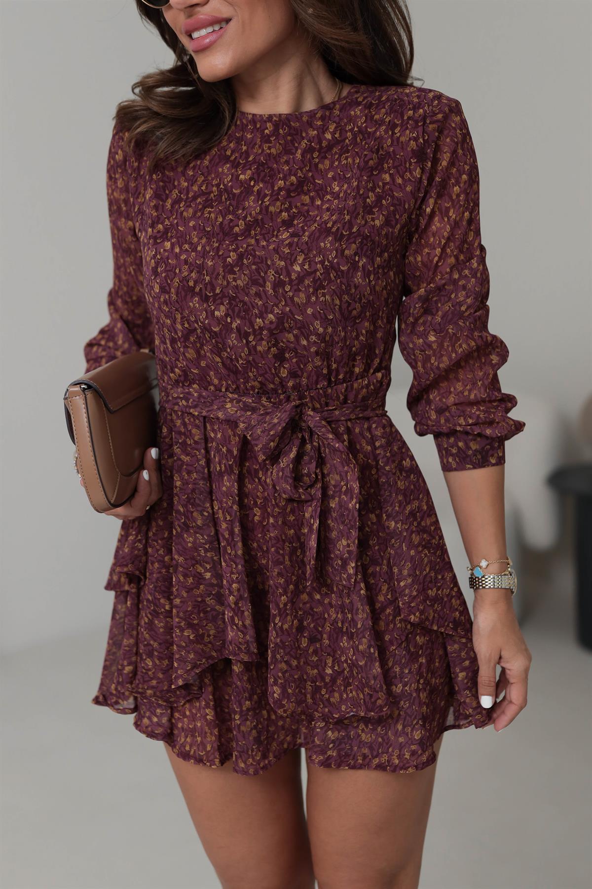 1011 Omuzları Vatkalı Floral Desen Katlı Elbise BORDO