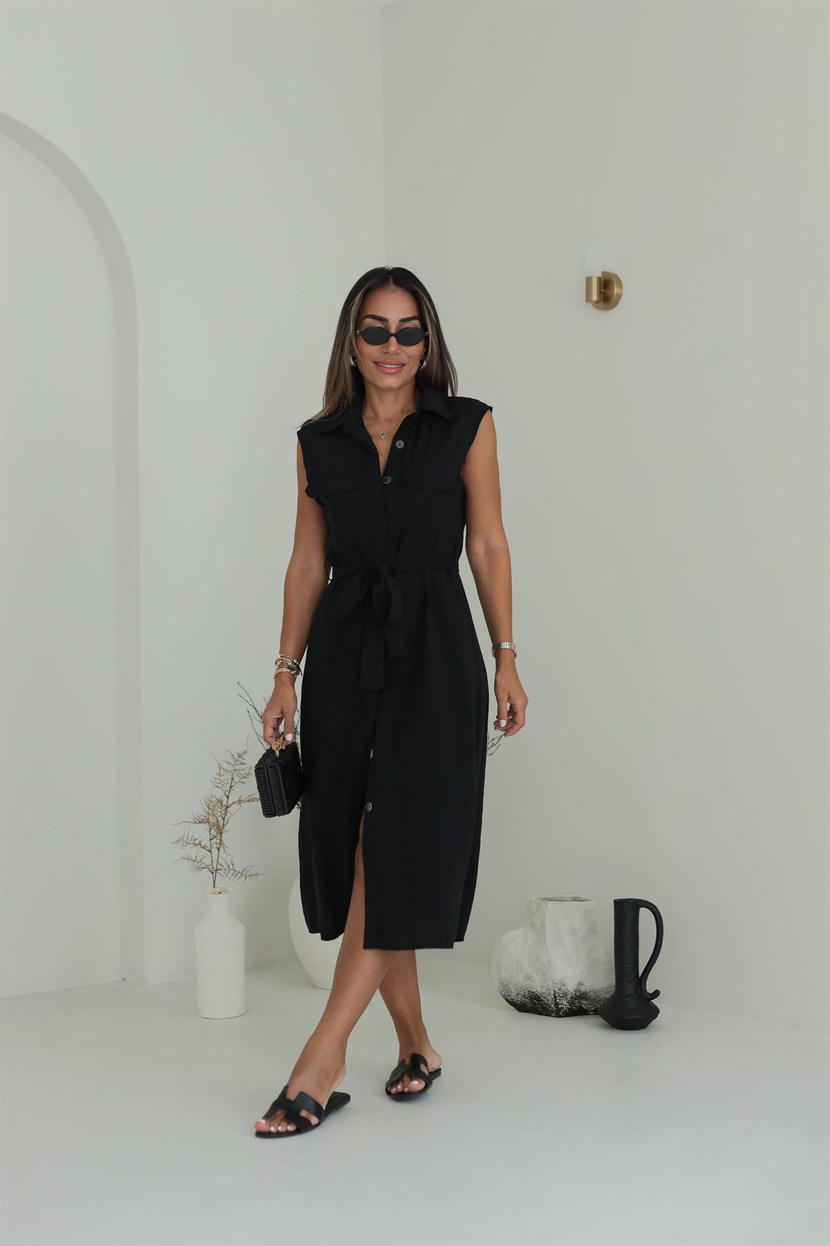 1745 Sıfır Kol Önden Düğmeli Kuşaklı Elbise