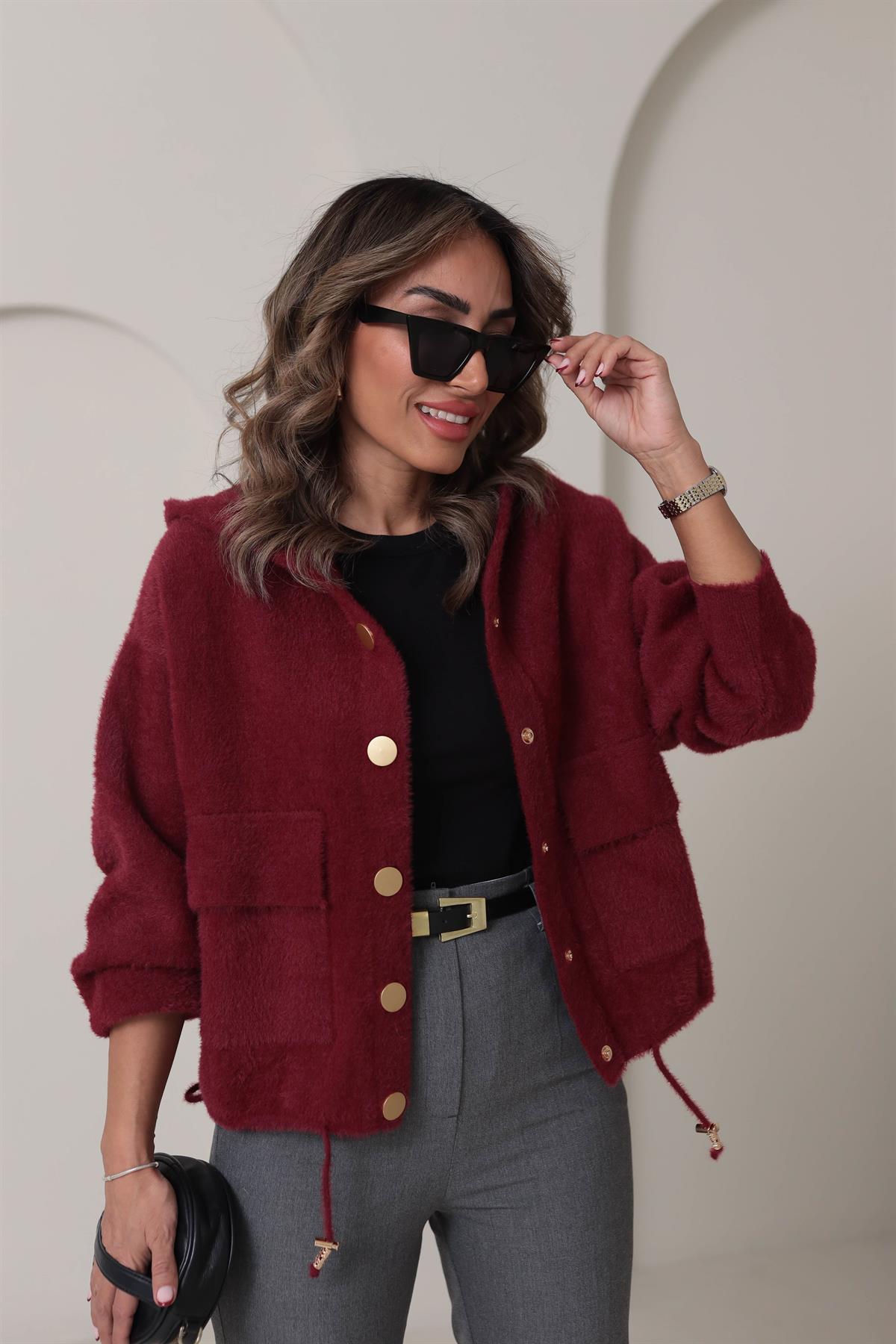 4944 Angora Kapşonlu Gold Düğmeli Hırka BORDO