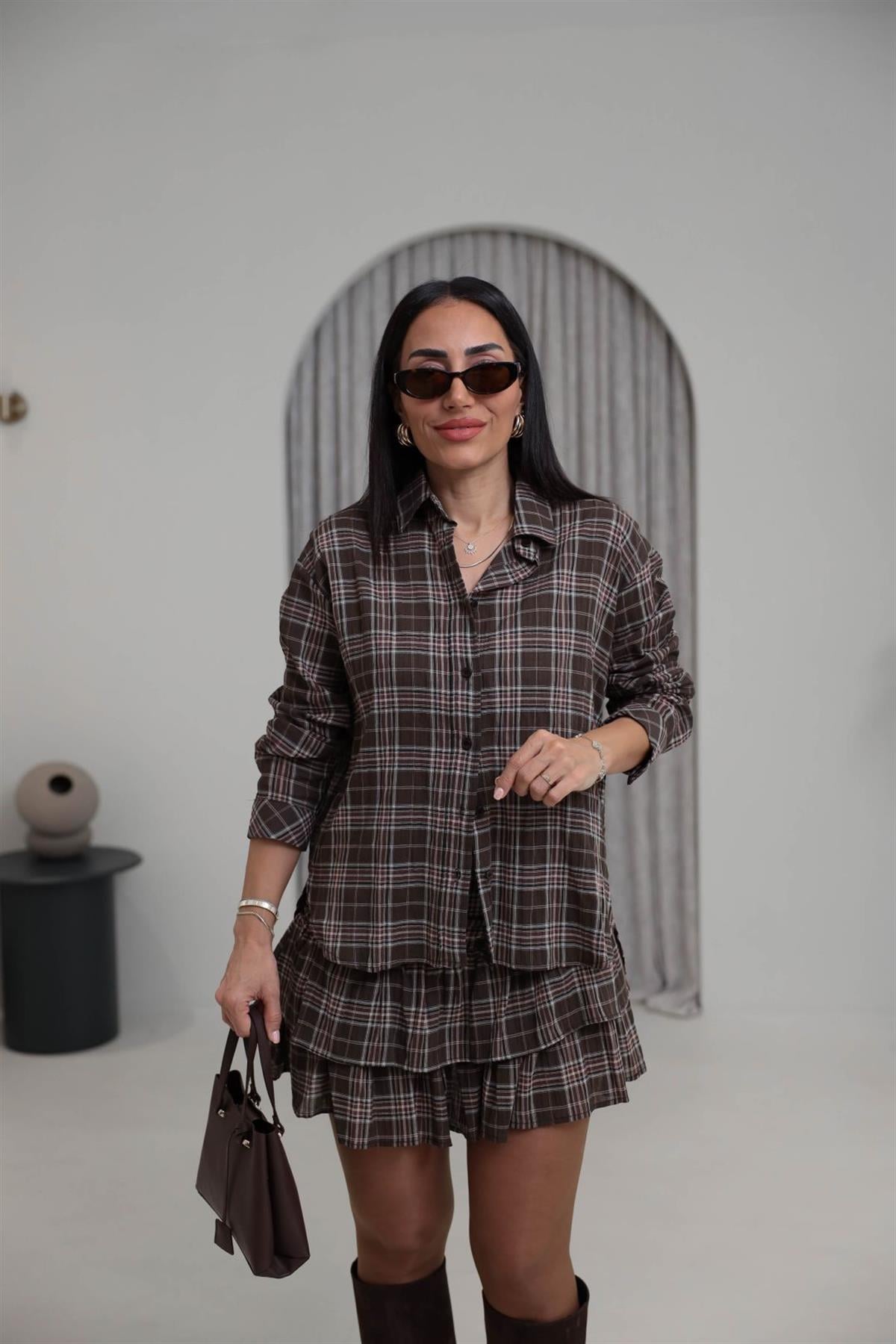 3218 Ekose Desenli Gömlekli Etek Takım KAHVE