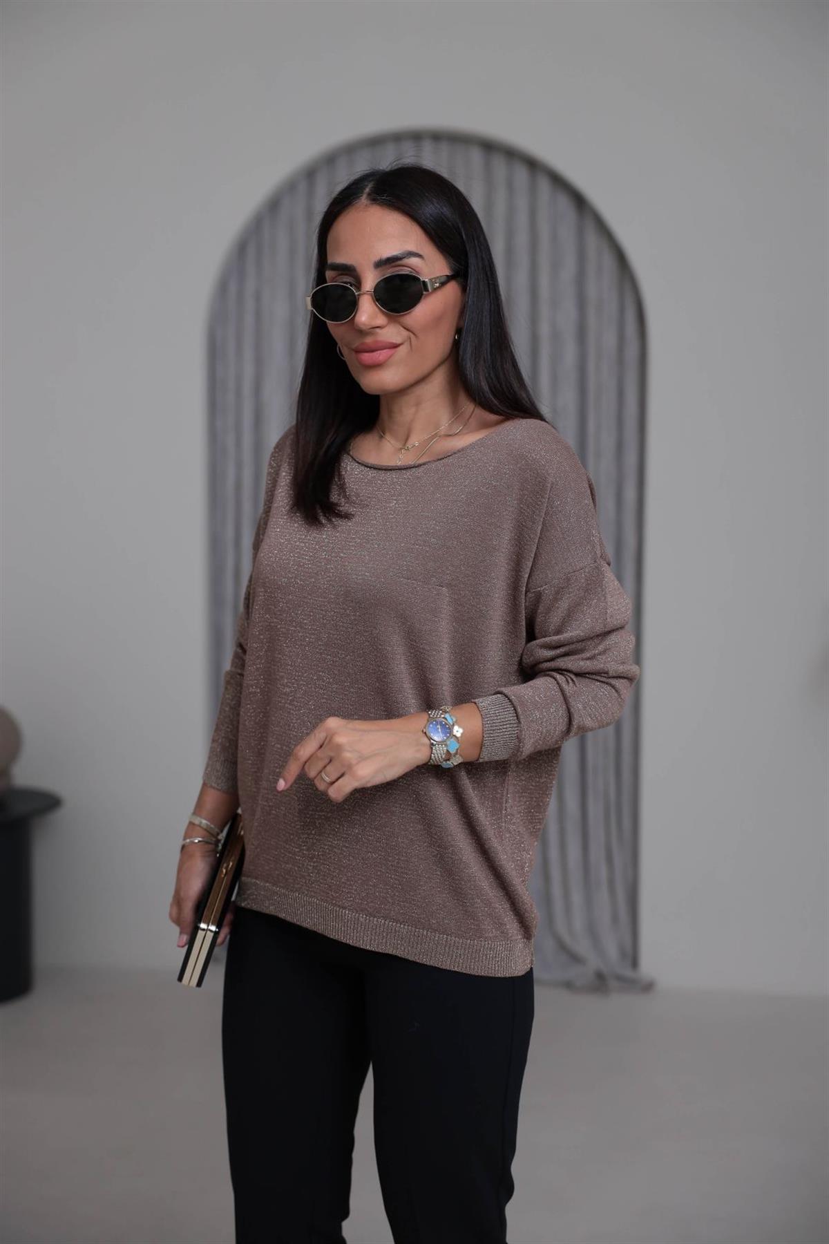 Kayık Yaka Simli Bluz GOLD