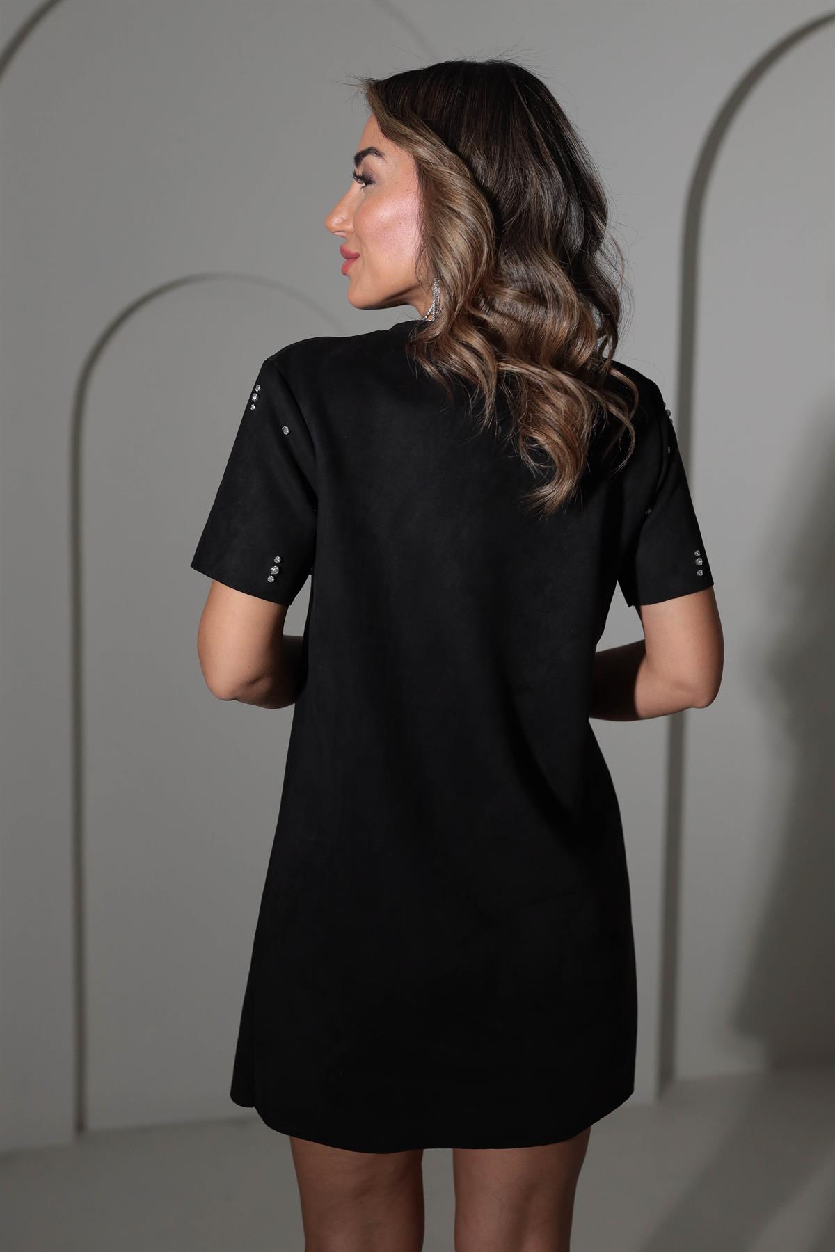 107 Nubuk Taş İşlemeli Elbise SİYAH