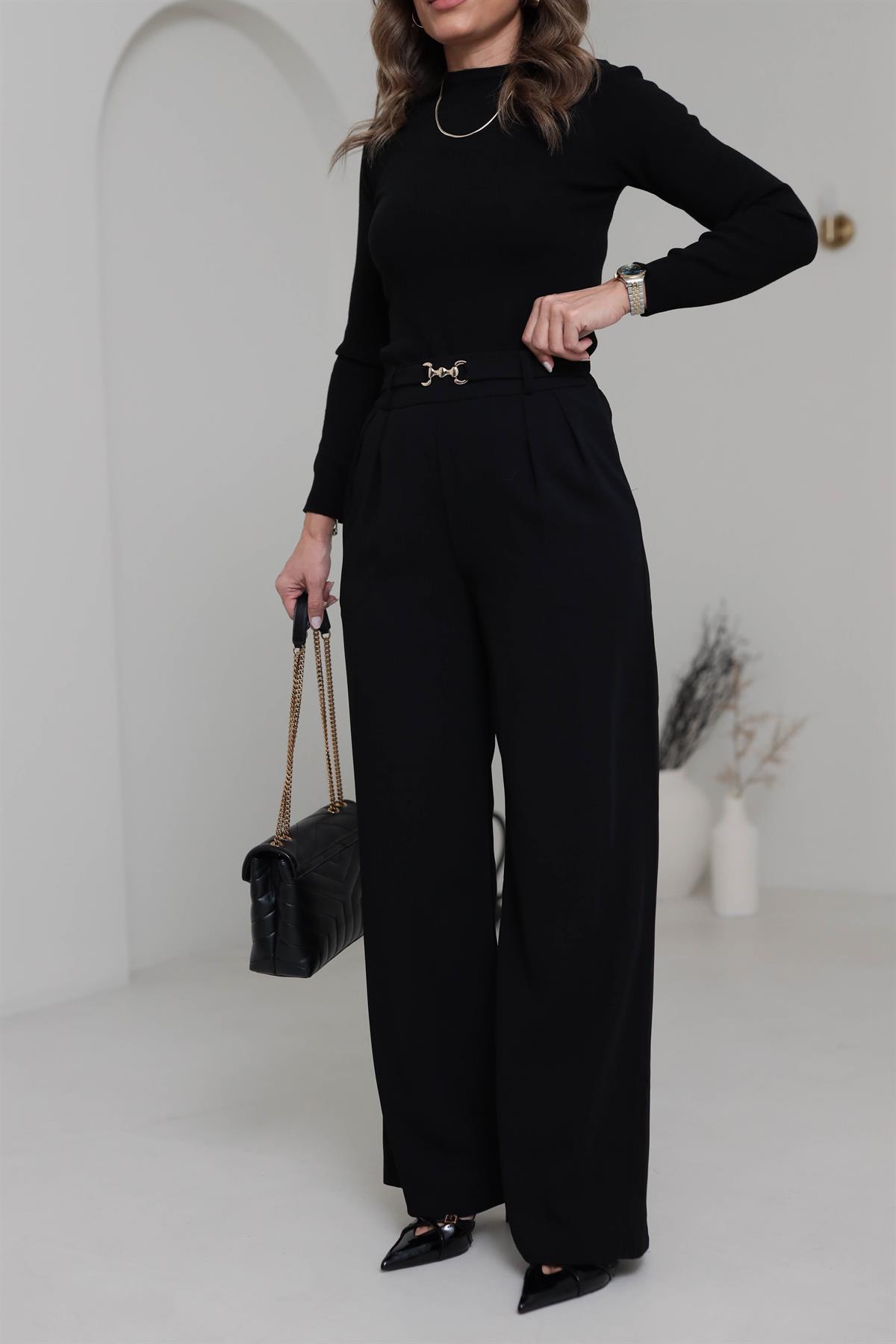 3704 Gold Aksesuarlı Bel Lastikli Salaş Pantolon SİYAH