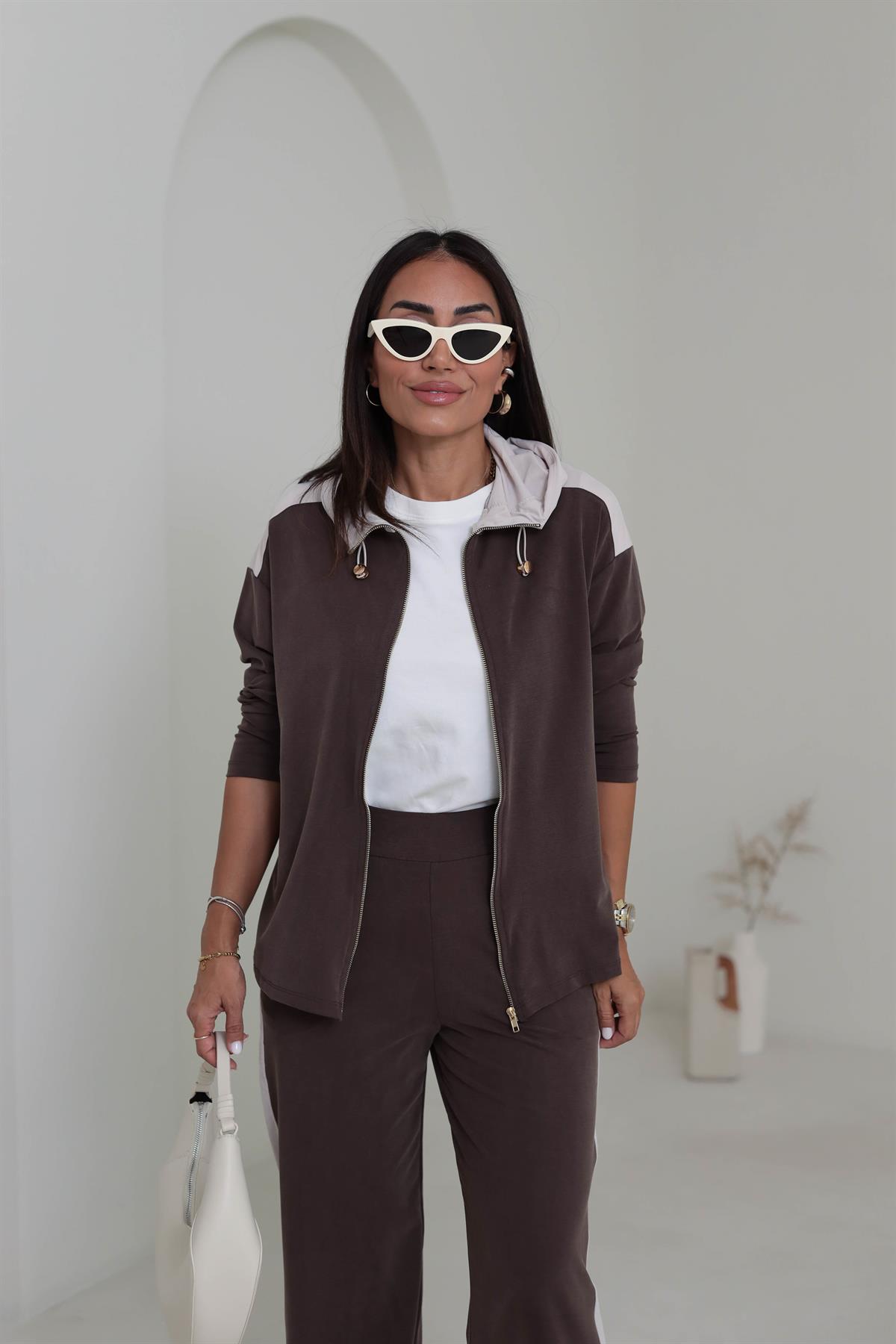 2003 Garnili Fermuarlı Kapşonlu Pike Modal Takım KAHVE