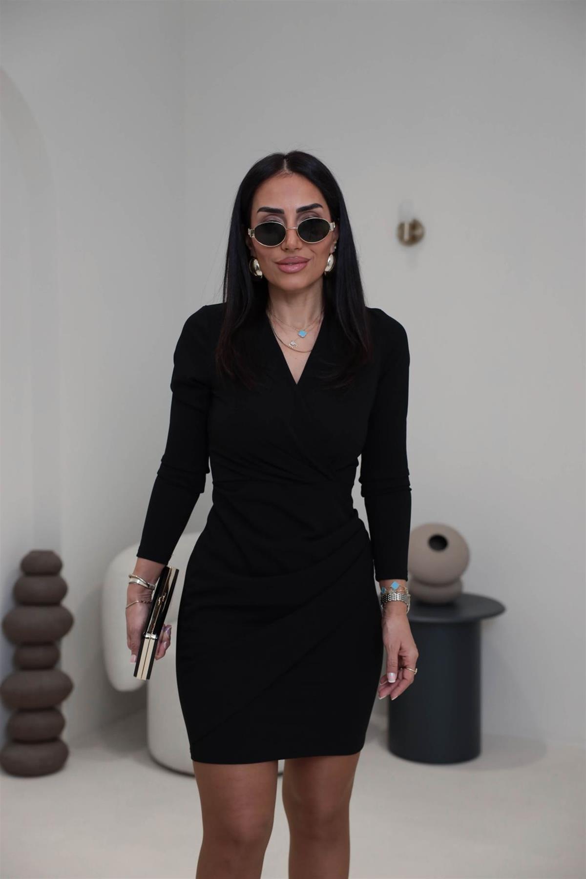 3037 Kruvaze Drapeli Crep Elbise SİYAH