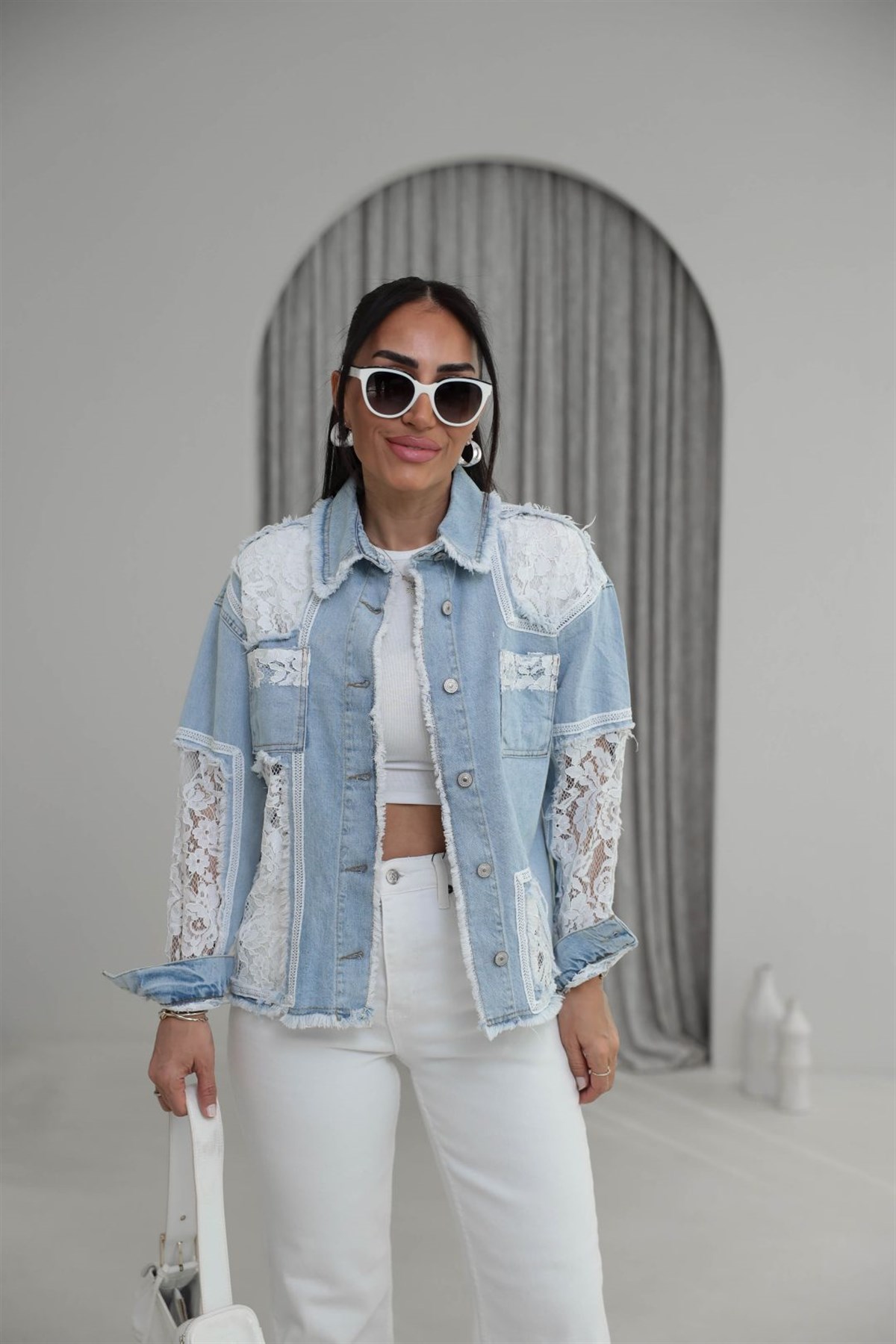 2881 Dantel Garnili Püsküllü Kot Ceket BUZ MAVİ