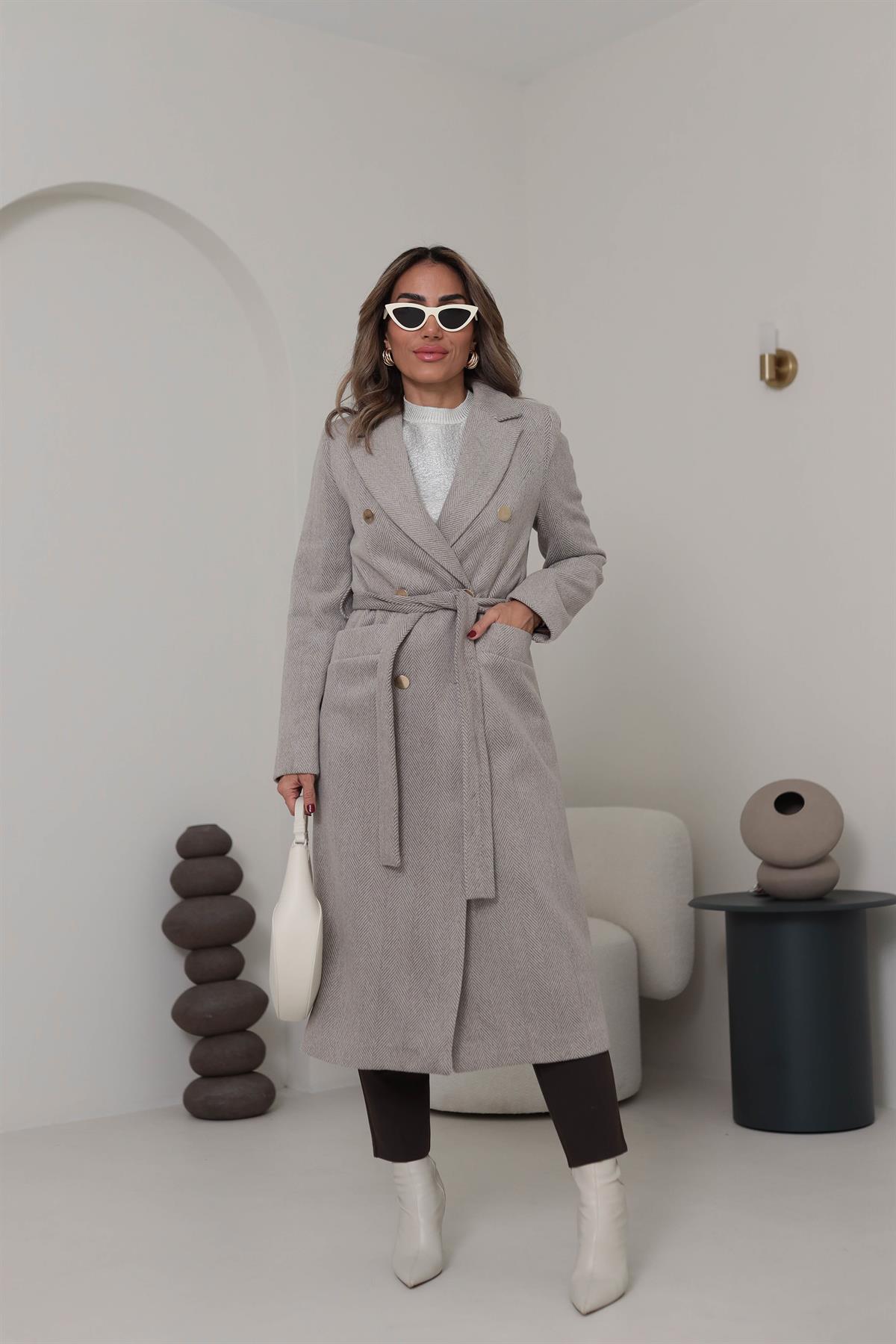 9931 Gold Düğmeli Balıksırtı Desen Kaşe Kaban