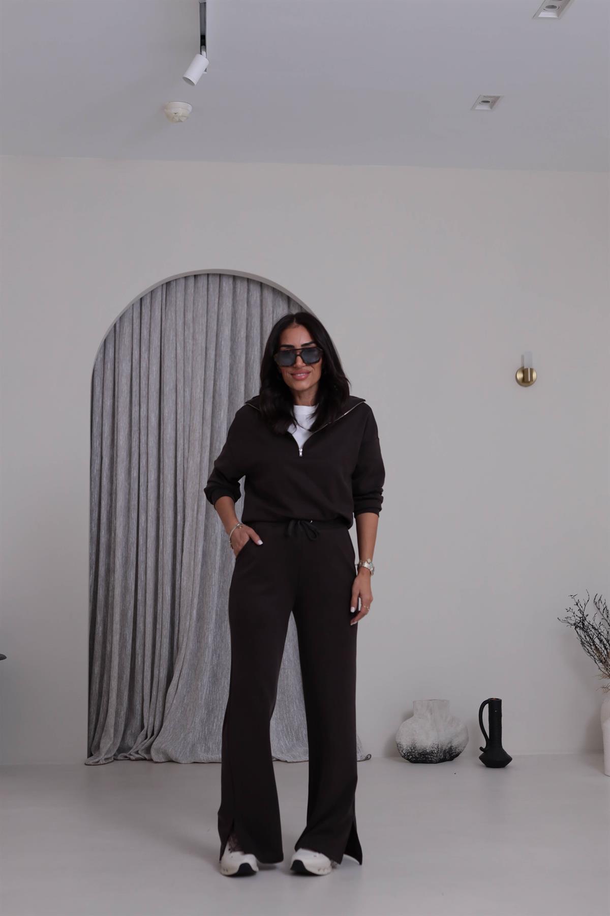 Yanları Yırtmaç Detaylı Yarım Fermuarlı Modal Takım ACI KAHVE