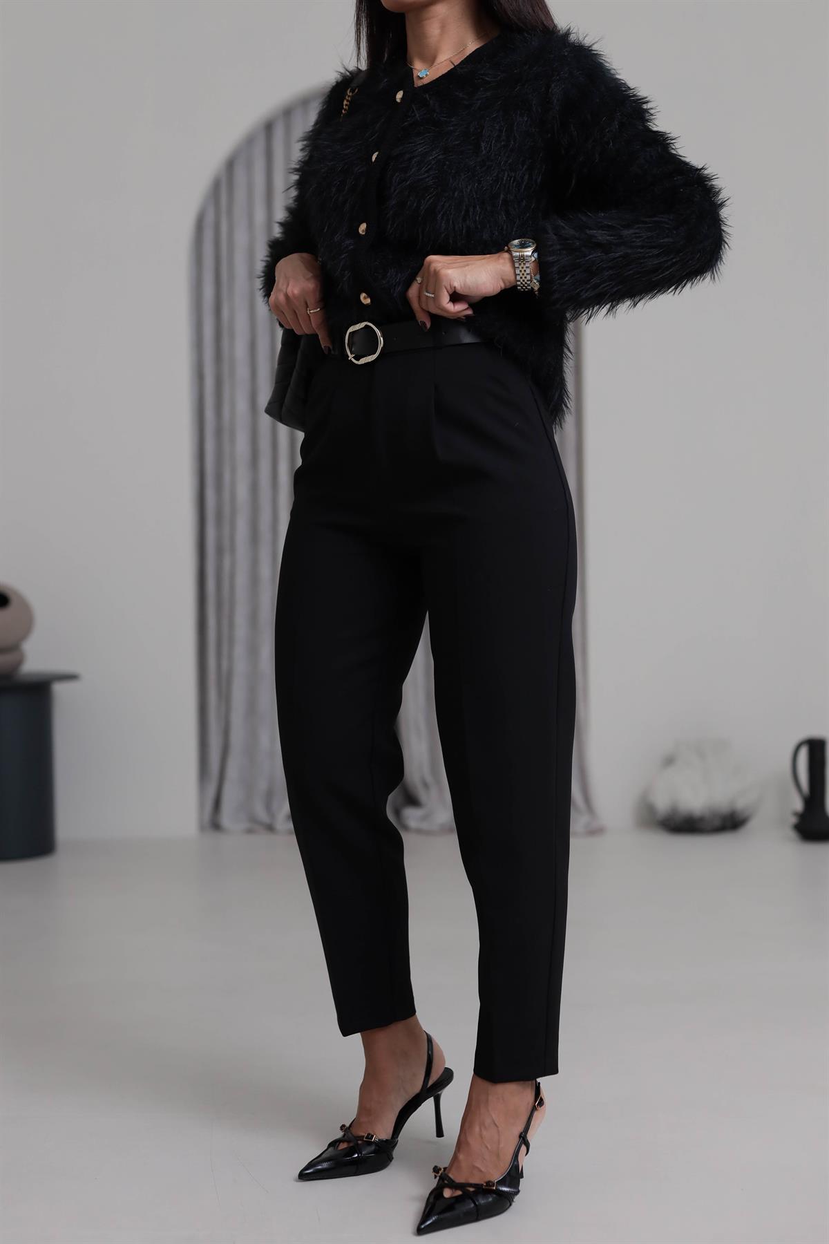 2679 Köprülü Kemer Detaylı Kumaş Pantolon SİYAH