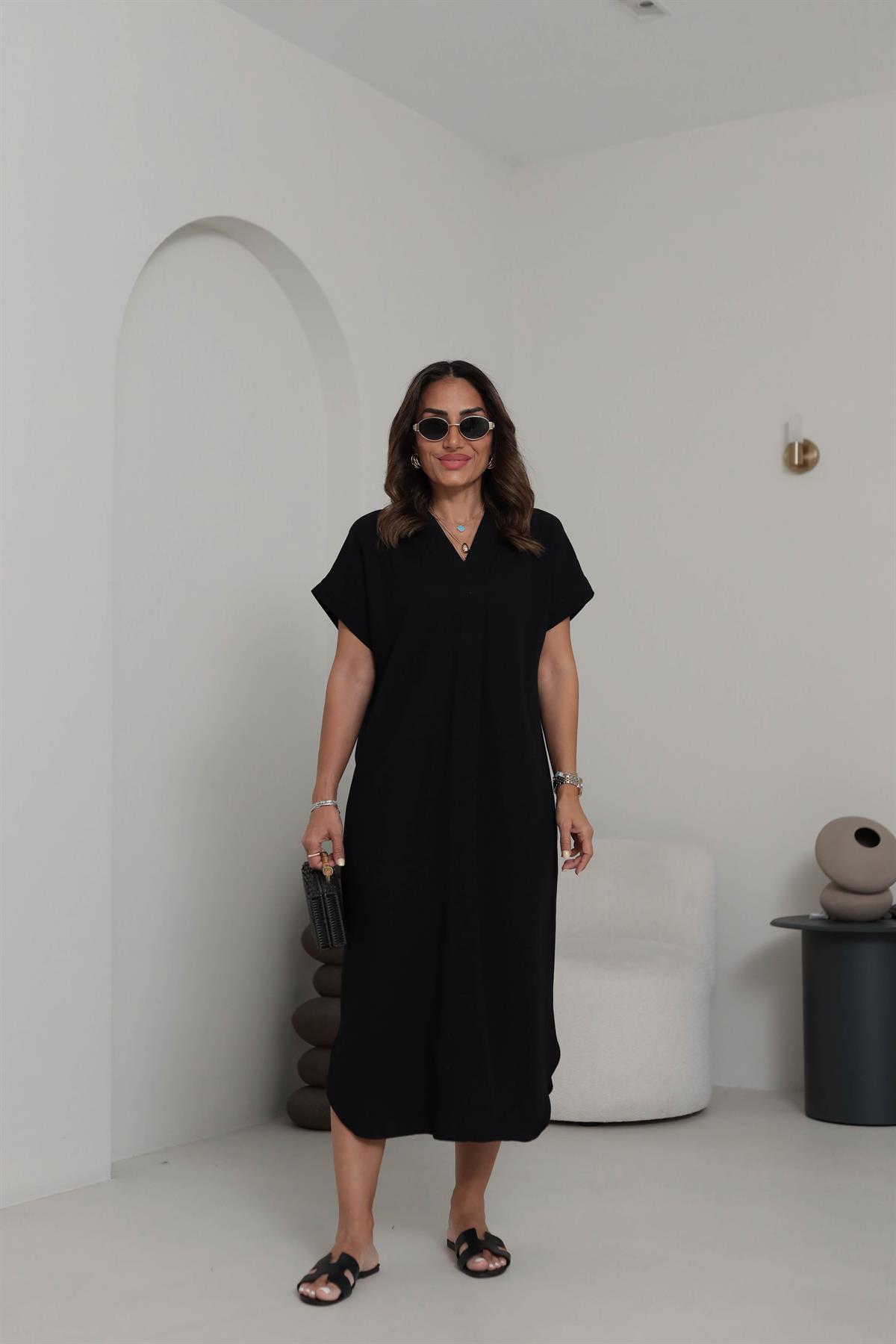 5998 V Yaka Rahat Terni Elbise SİYAH