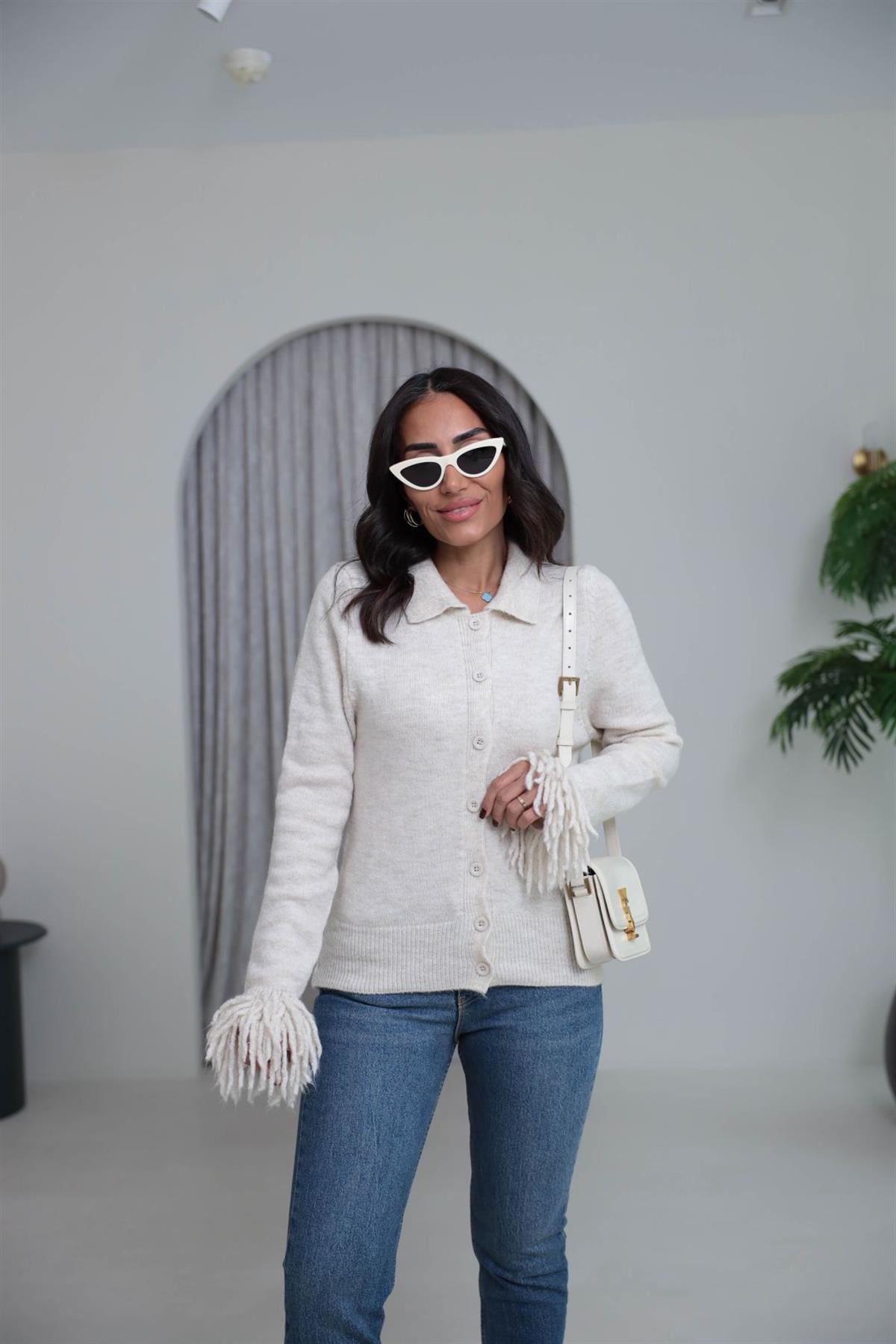 0162 Kolu Püsküllü Polo Yaka Hırka TAŞ