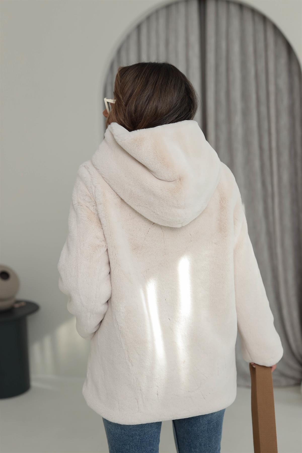 1139 Kapşonlu Kalın Kürk EKRU