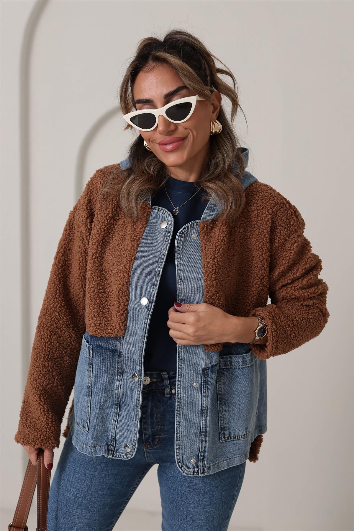 4163 Kot Garnili Kapşonlu Teddy Mont ACI KAHVE