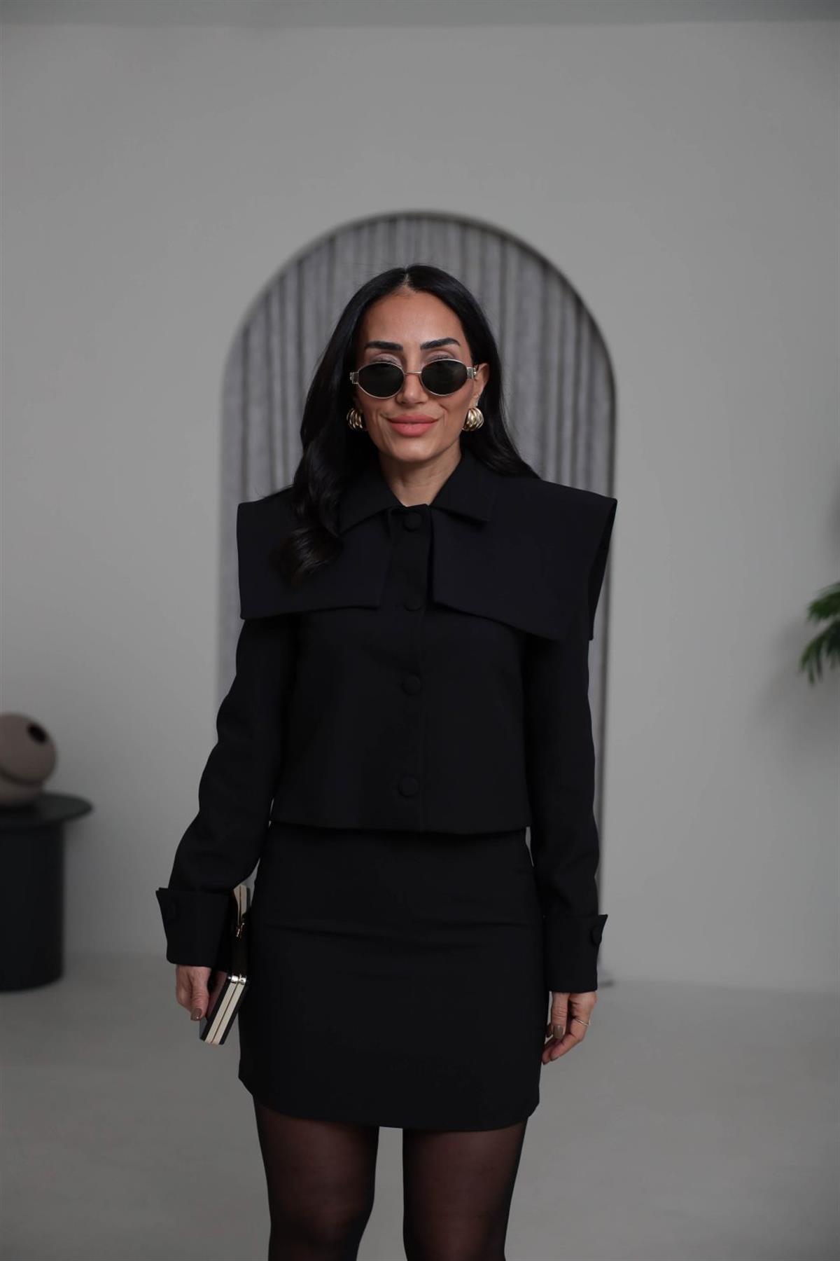 8945 Yaka Detay Ceketli Etekli Takım SİYAH