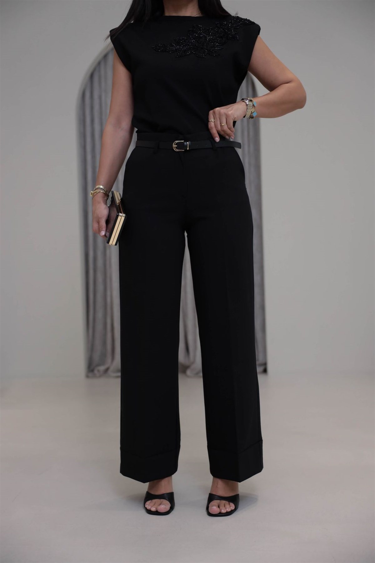 7050 Kemerli Paçası Dikiş Detay Palazzo Pantolon SİYAH