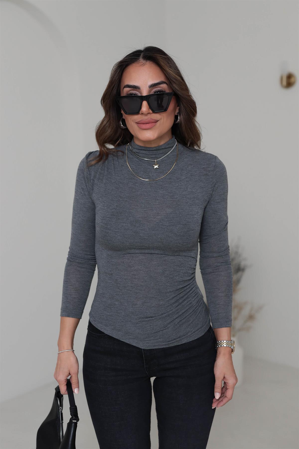 1004 Viral Dik Yaka Yarı Transparan Bluz ANTRASİT