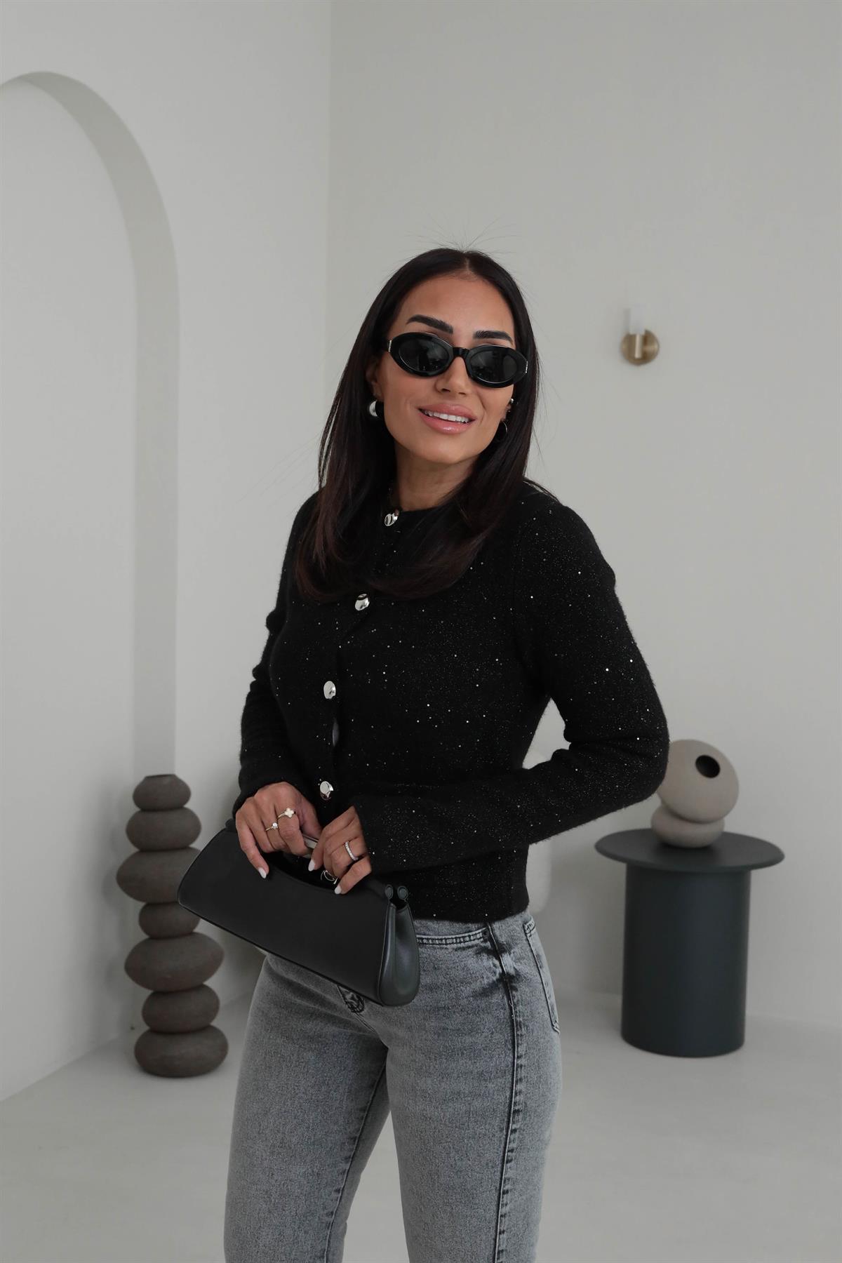 0935 Bisiklet Yaka Pullu Simli Düğmeli Triko Hırka SİYAH