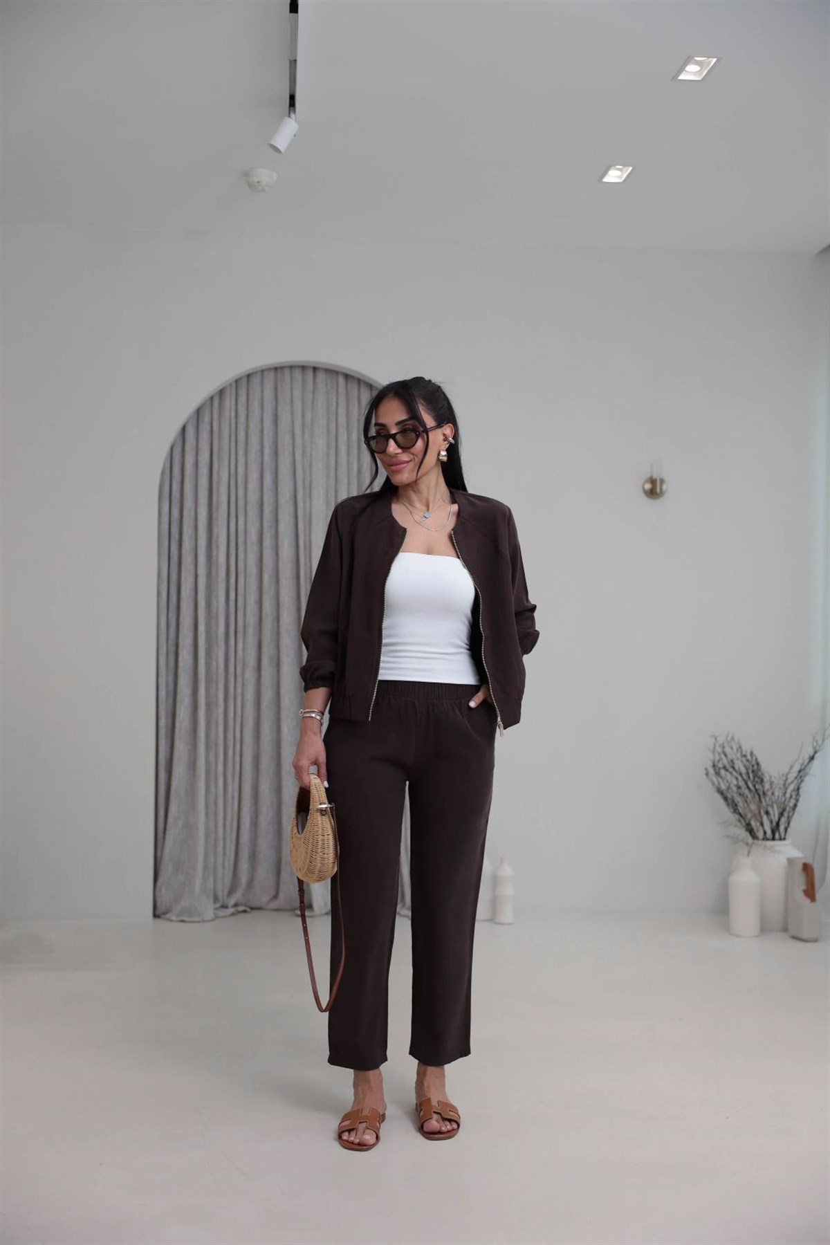 7132 Fermuarlı Tok Tencel Ceket Pantolon Takım KAHVE