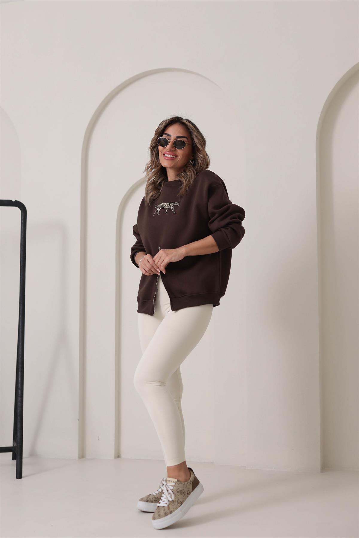 5617 Leopar Nakış Yarım Fermuarlı Şardonlu Sweatshirt KAHVE