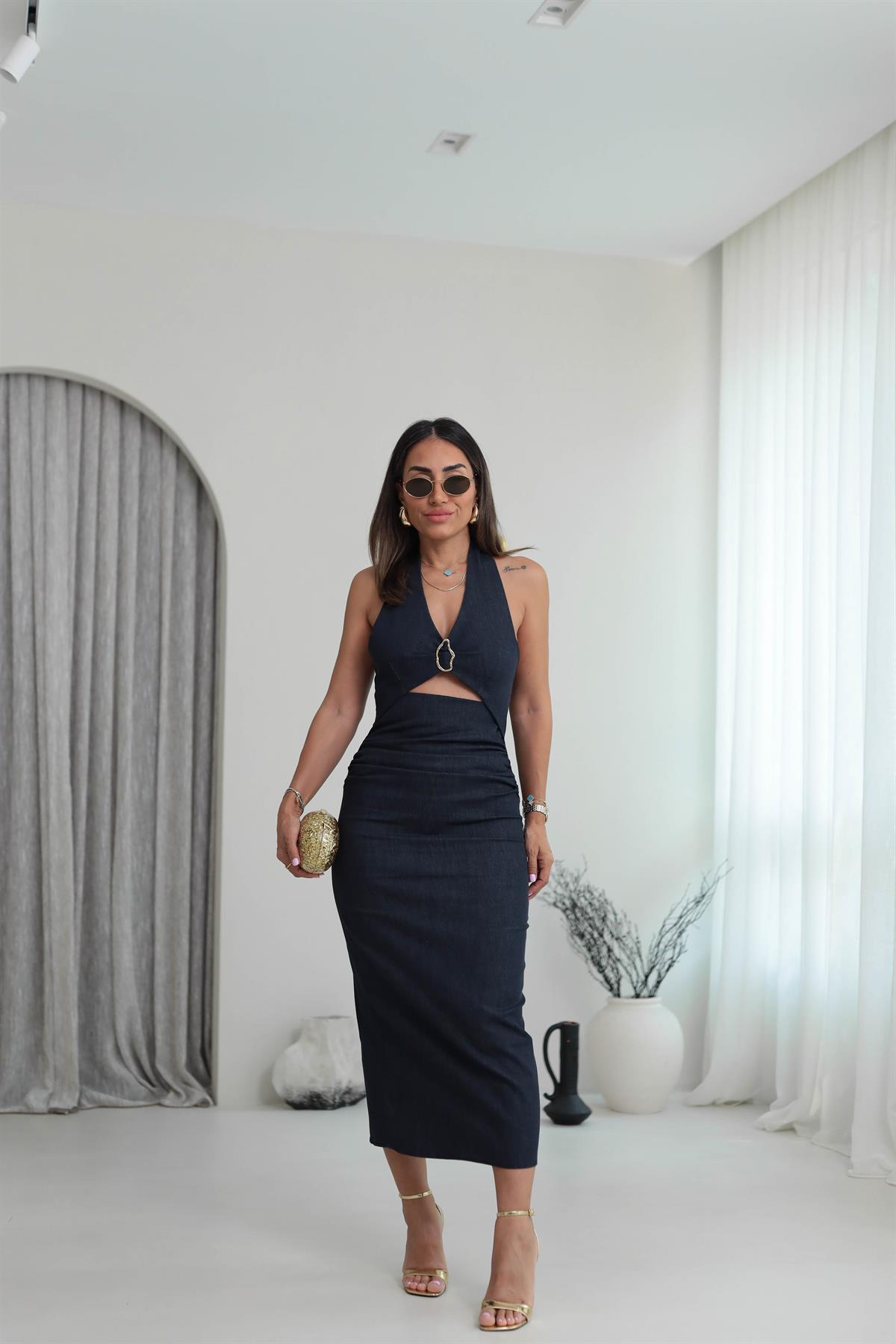 8217 Boyundan Geçmeli Gold Aksesuarlı Elbise LACİVERT