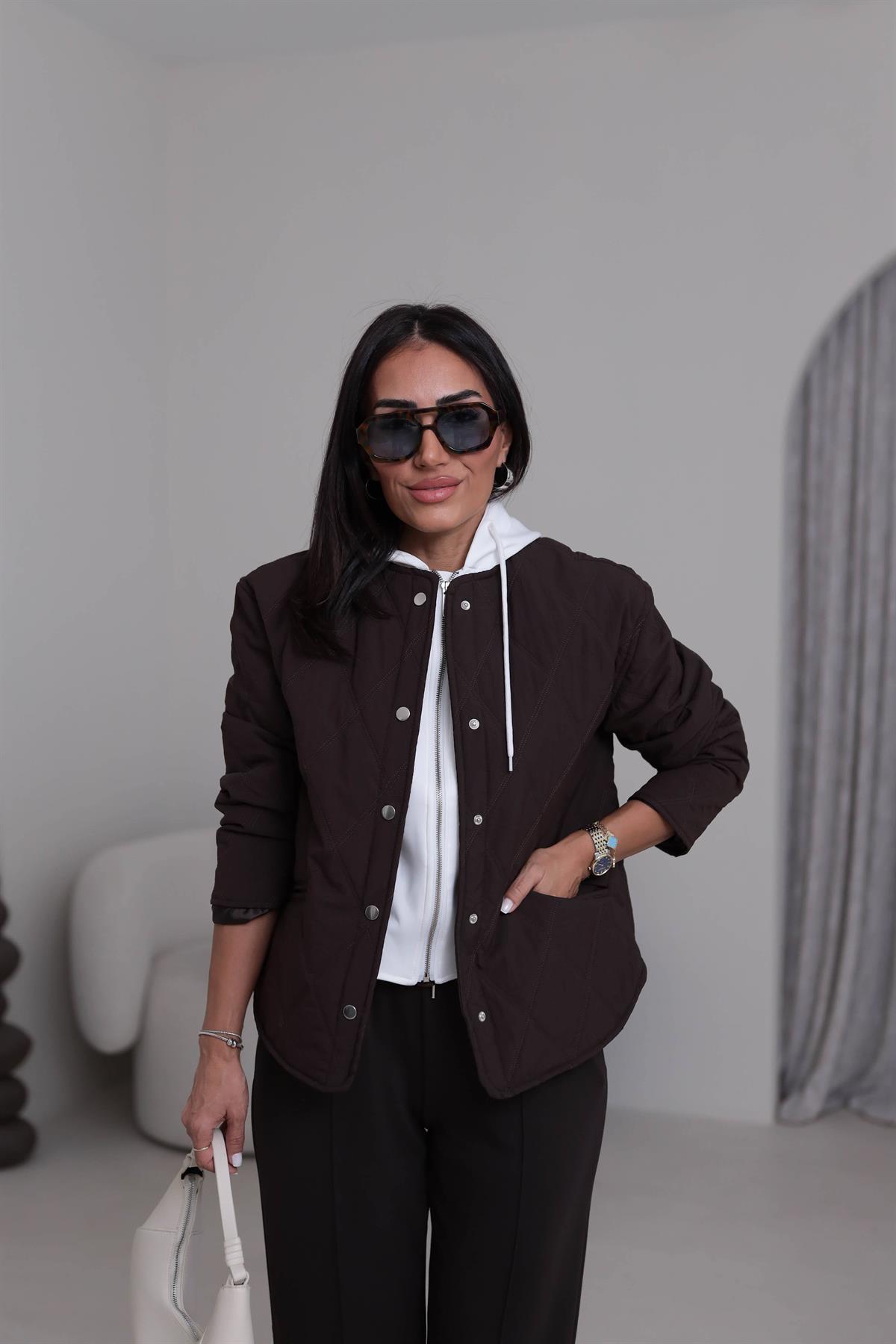 5841 Kapüşonlu Garni Detaylı Kapitone Mont KAHVE