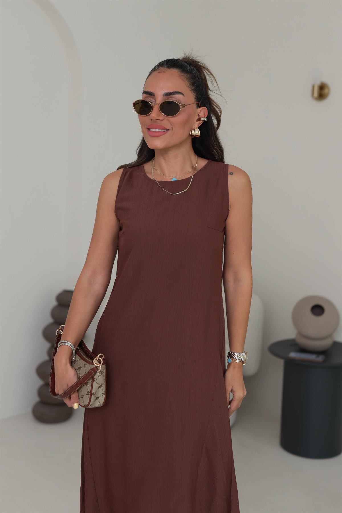7633 Kolsuz Tiril Elbise KAHVE