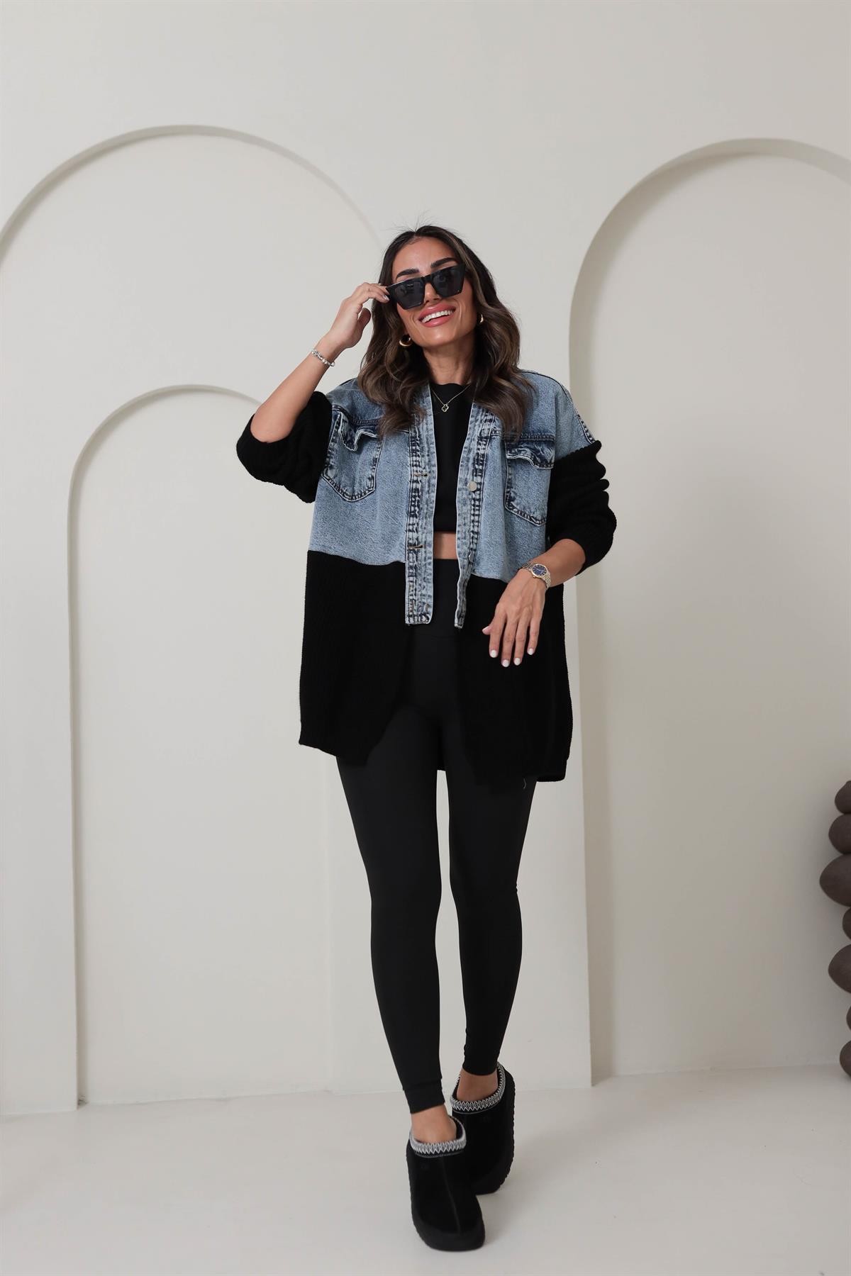 4139 Tasarım Triko ve Kot Garnili Ceket Hırka SİYAH