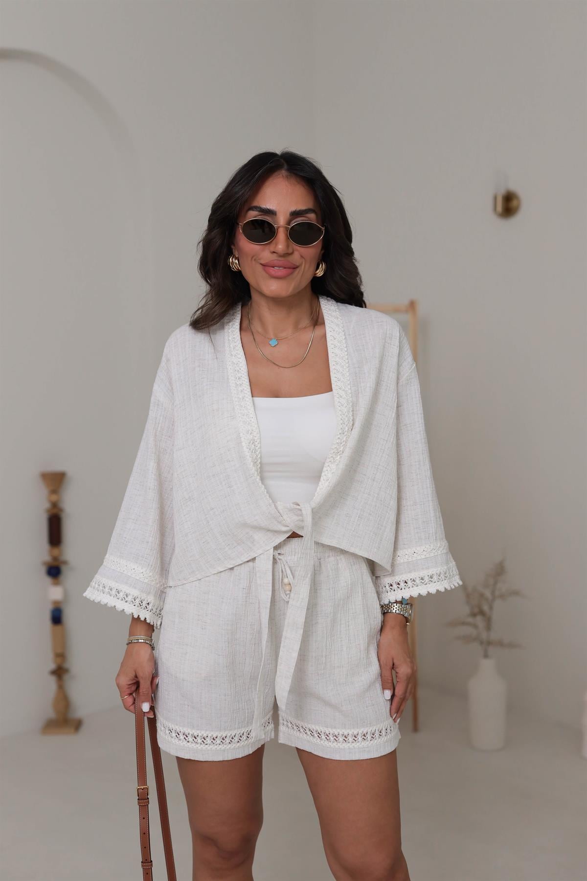 0357 İşlemeli Bel Bağlamalı Krinkıl Kimono NATURAL