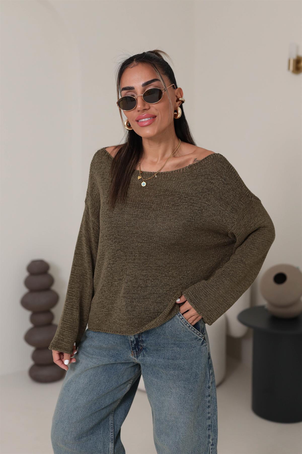 4455 Kayık Yaka Triko HAKİ YEŞİL