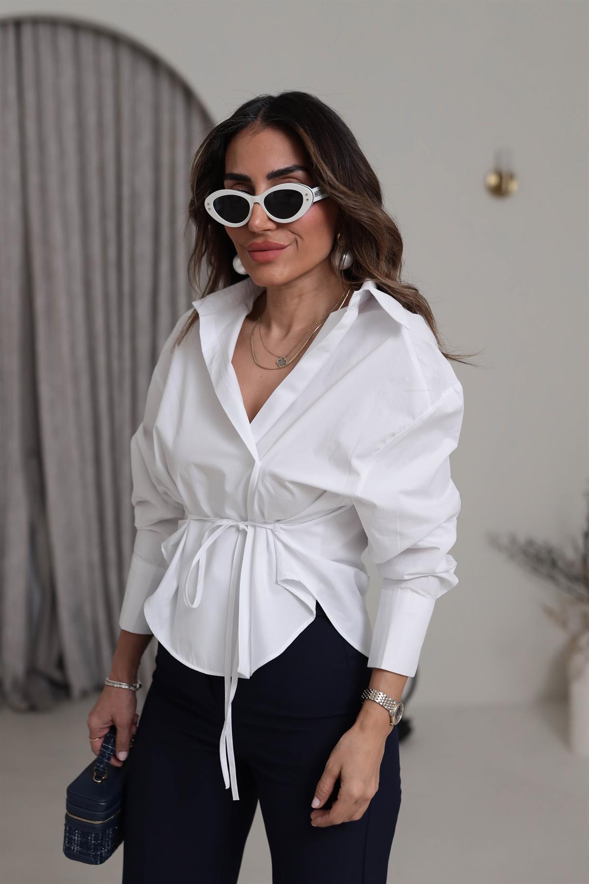 Bel Bağlama Detaylı Oversize Poplin Gömlek BEYAZ