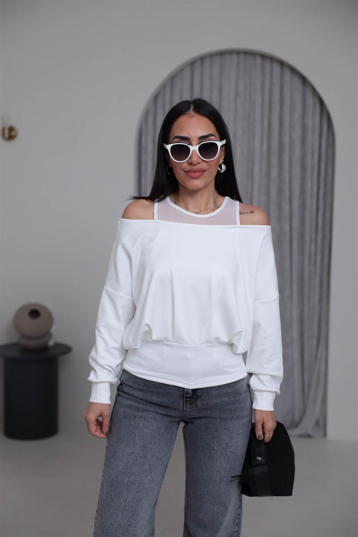 6710 Kol Dekolteli Tül Detaylı Bluz EKRU