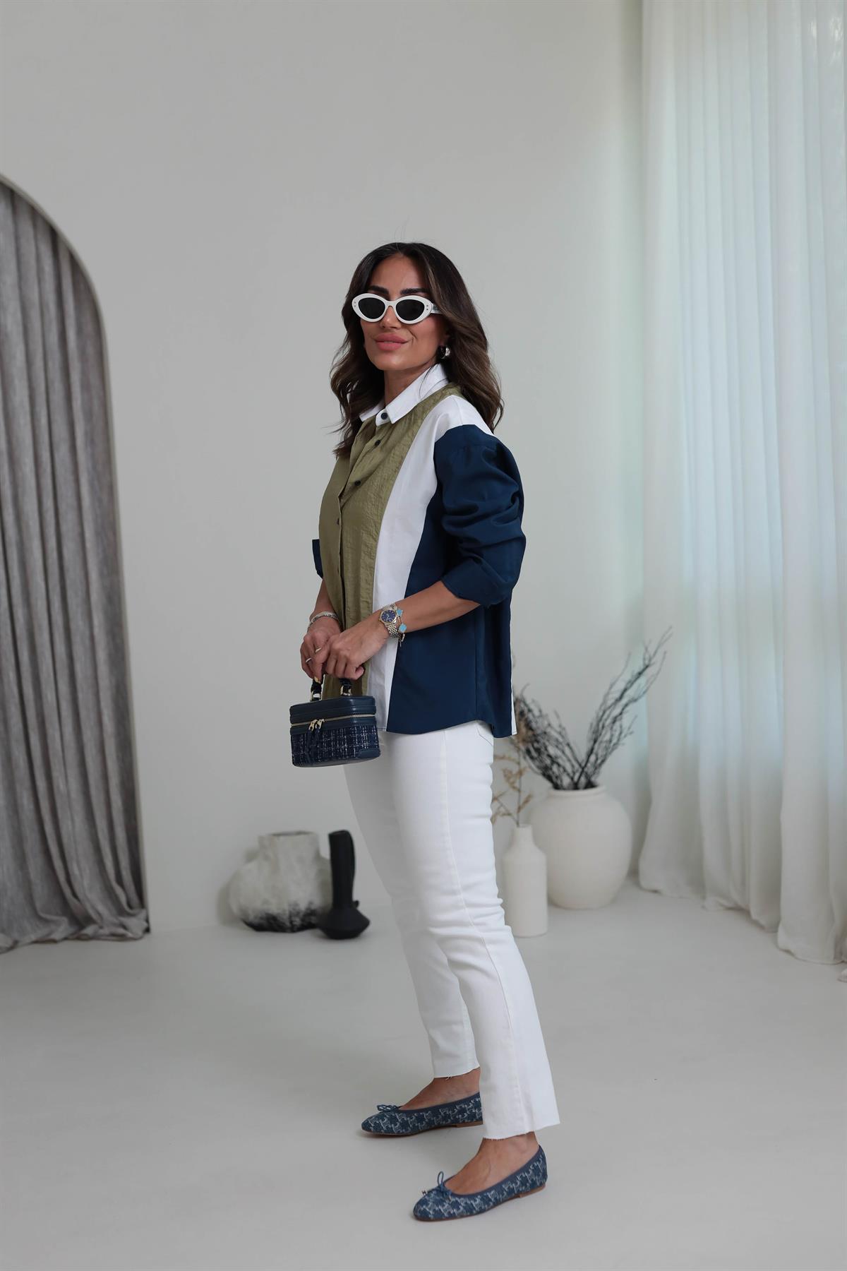 3021 Parçalı Tasarım Gömlek YAĞ YEŞİLİ