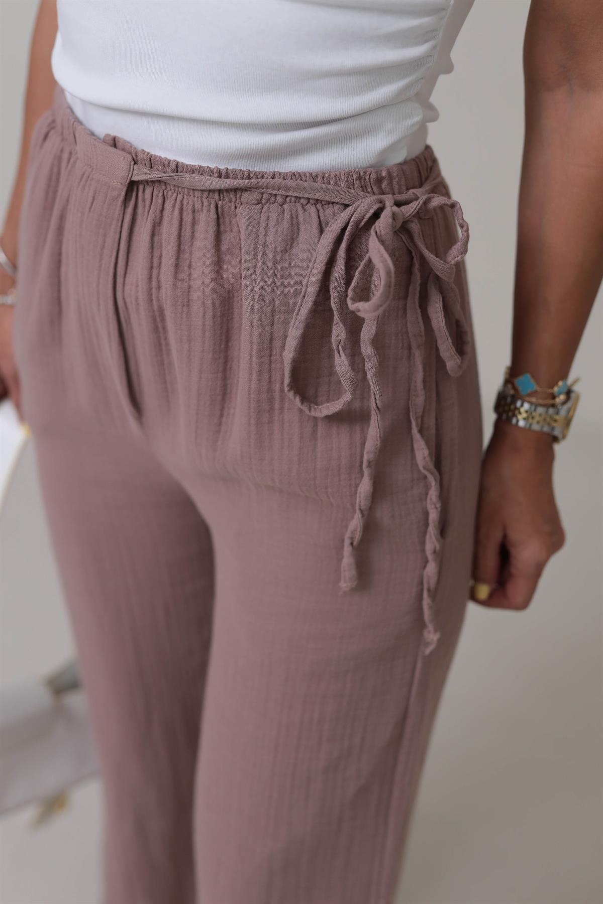 8028 Paça Yırtmaçlı Müslin Pantolon GÜL KURUSU