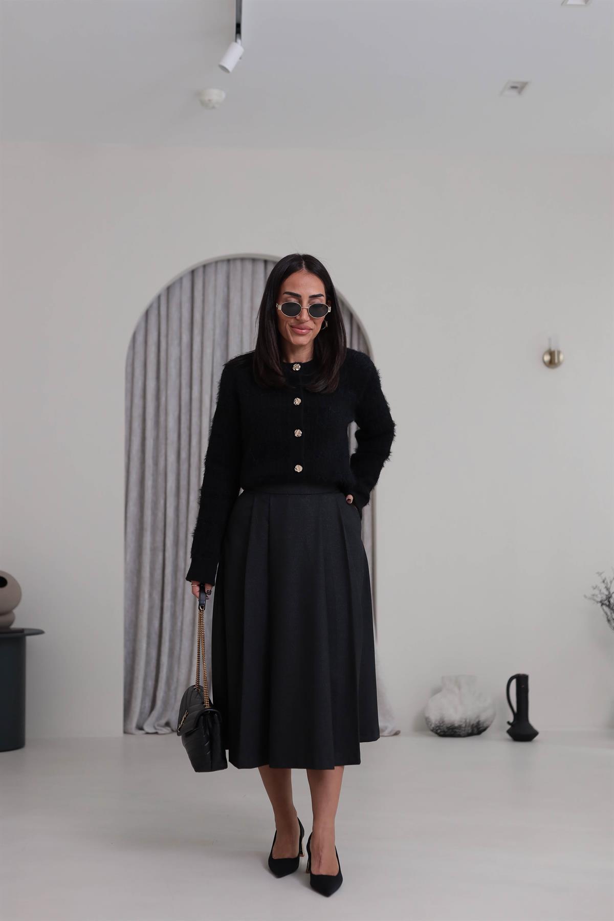 5152 Geniş Pileli Midi Etek ANTRASİT