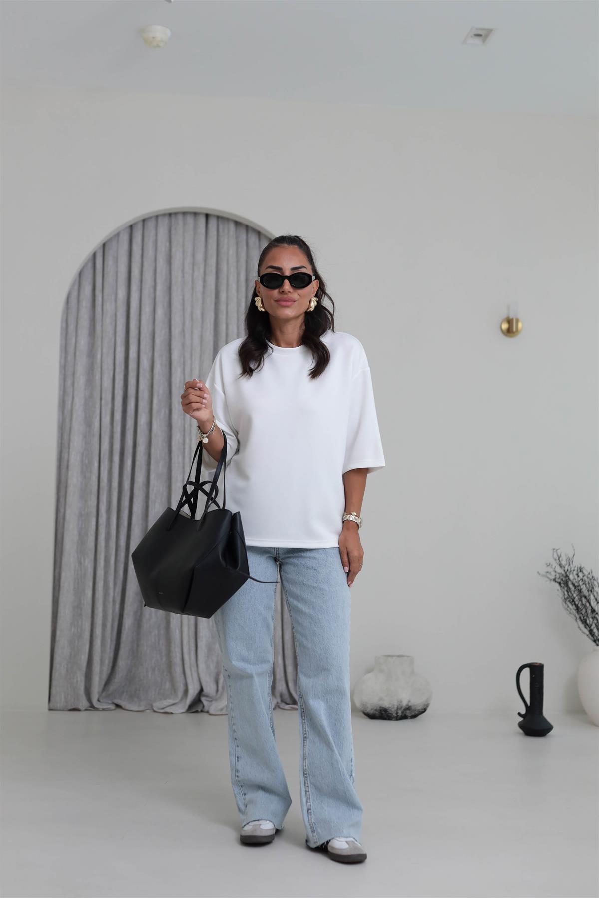 4783 Bisiklet Yaka Rahat Modal Cupra Tshirt BEYAZ