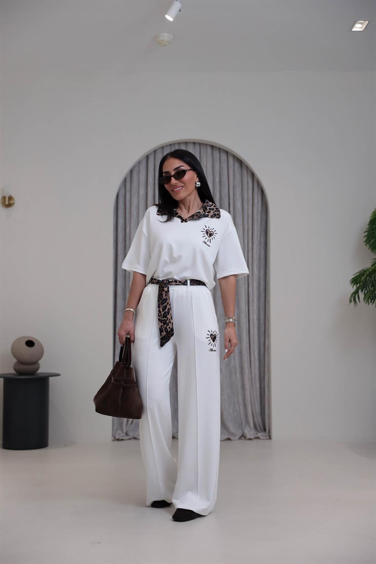 7539 Leopar Saten Yakalı Nakışlı Modal Takım EKRU