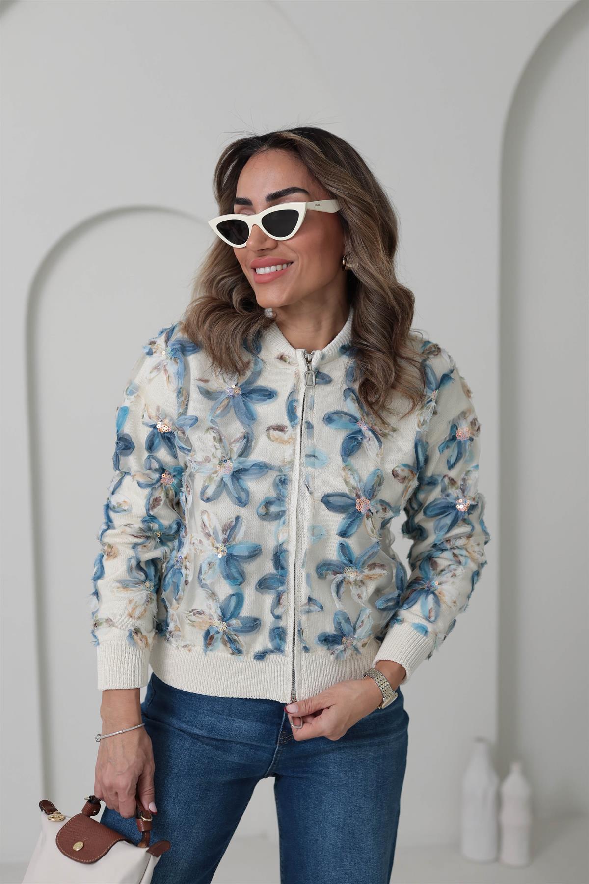 2438 Tasarım Çiçekli Fermuarlı Triko Hırka EKRU