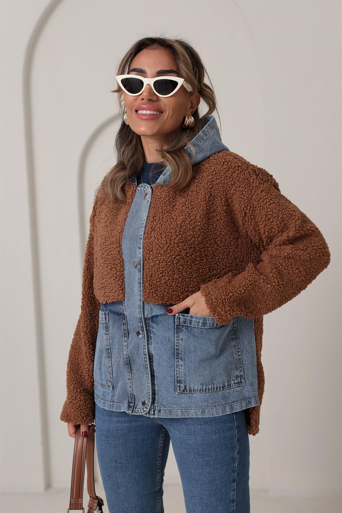 4163 Kot Garnili Kapşonlu Teddy Mont ACI KAHVE