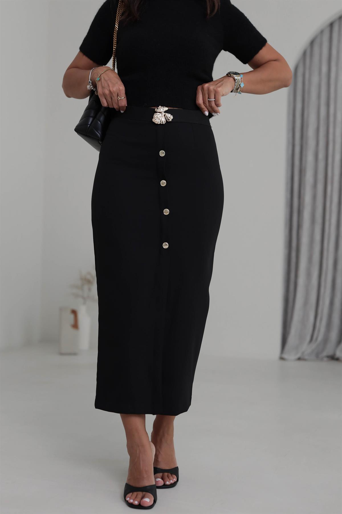 6726 Süs Düğmeli Kemerli Kalem Etek SİYAH