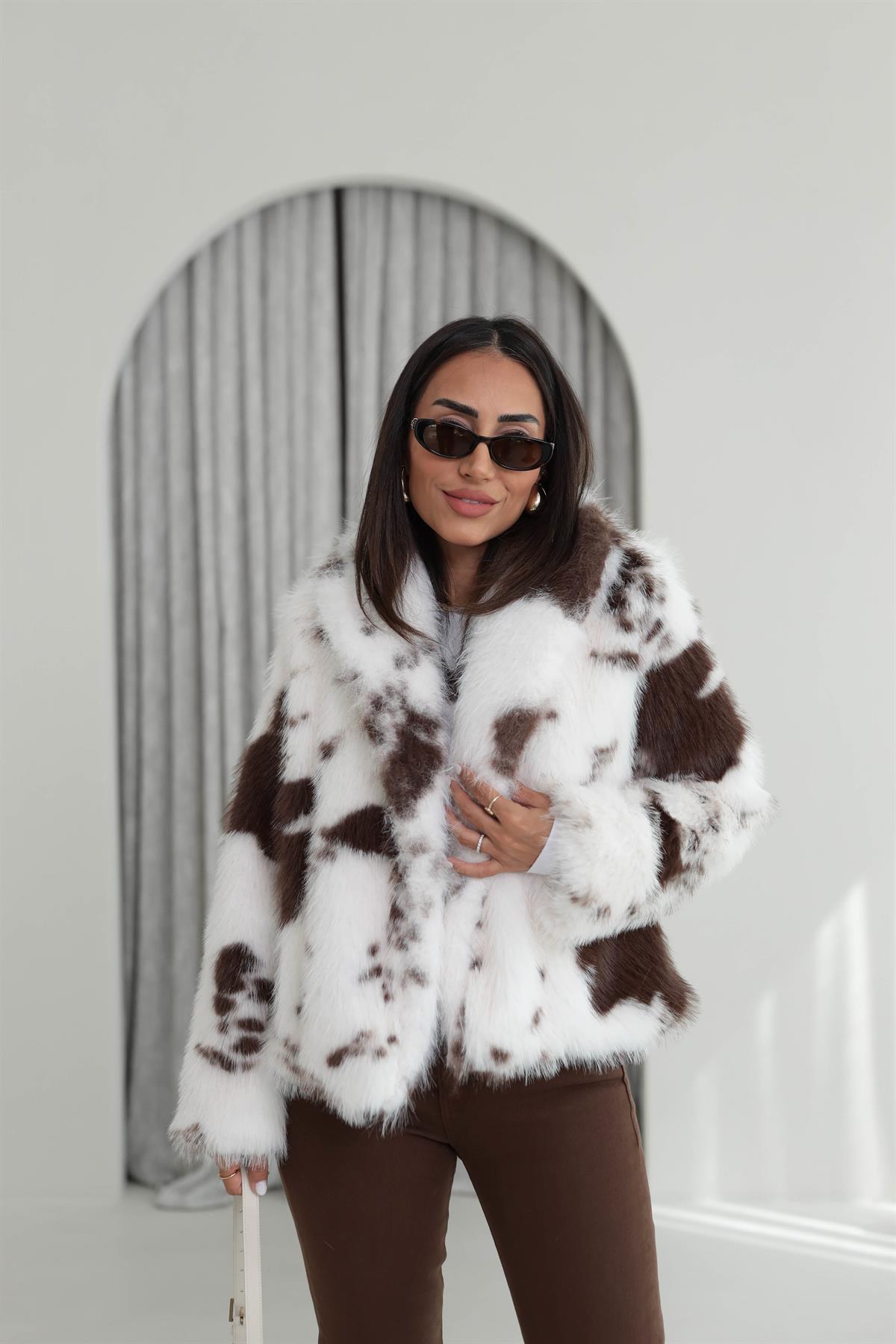 7606 Desenli Kürk Mont KAHVE