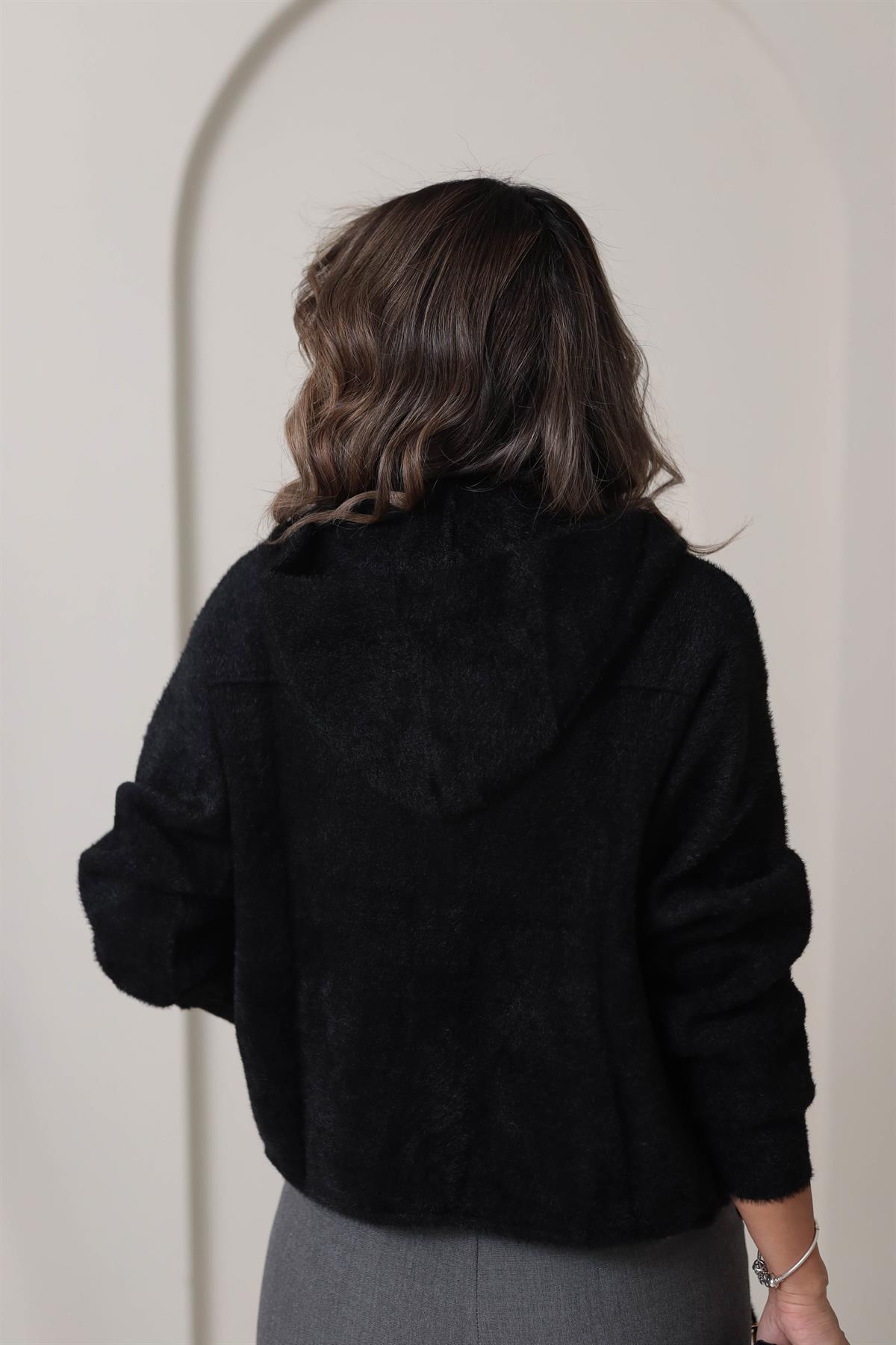 4944 Angora Kapşonlu Gold Düğmeli Hırka SİYAH